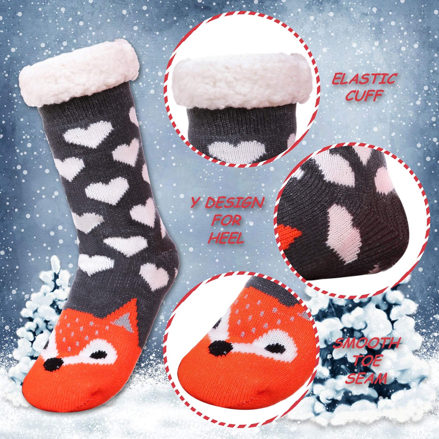DYW Women Winter Thick Slipper Socks with Grippers Non Slip Warm Fleece Lining Fluffy Fuzzy Socks Christmas Gifts (Fox) - Medaid International