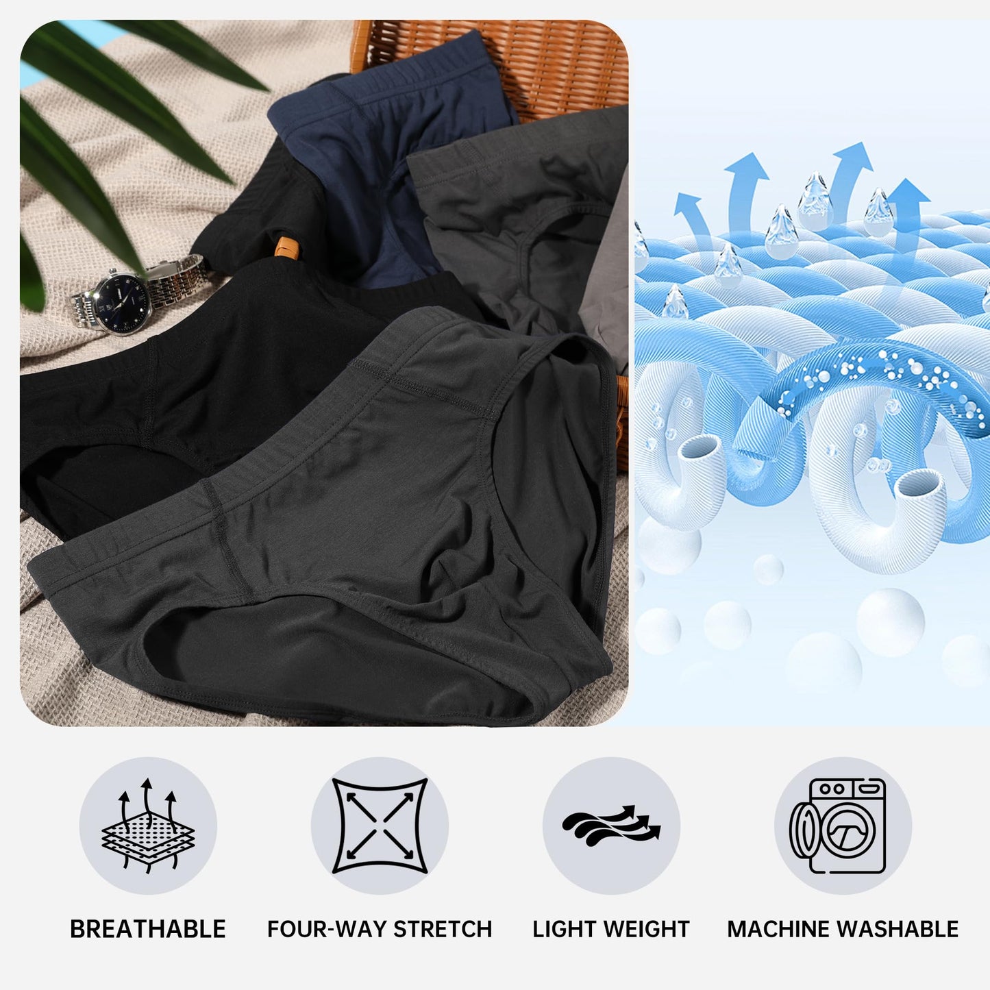 BAMBOO COOL Men's Underwear Briefs Fabric Covered Waistband Underwear Breathable Briefs with 3D Pouch Tagless Panties for Men - Medaid International