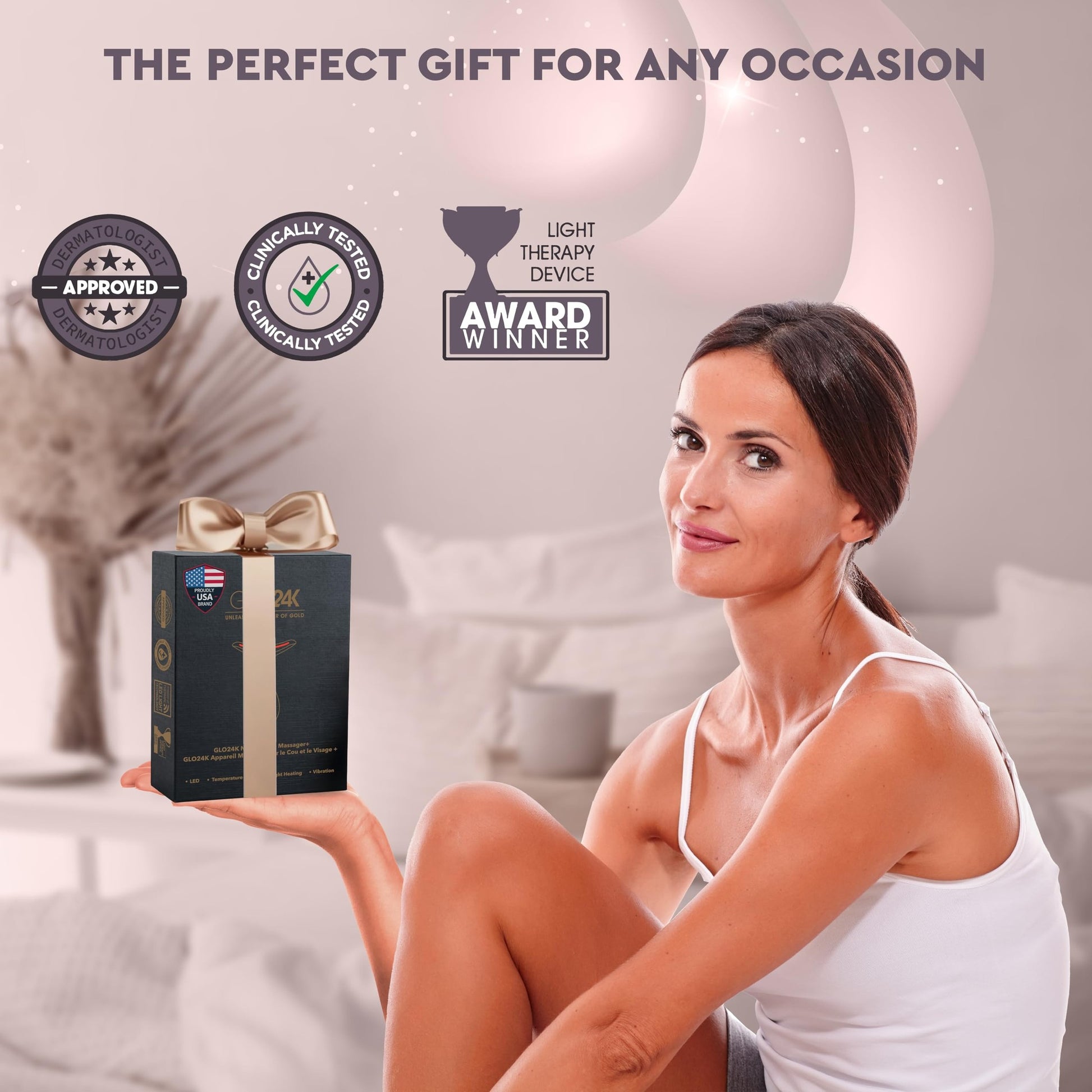 GLO24K Red Light Face & Neck Beauty Device – 3-in-1 Facial Massager Tool with LED & Vibration for Skin Revitalization and Neck Firming - Medaid International