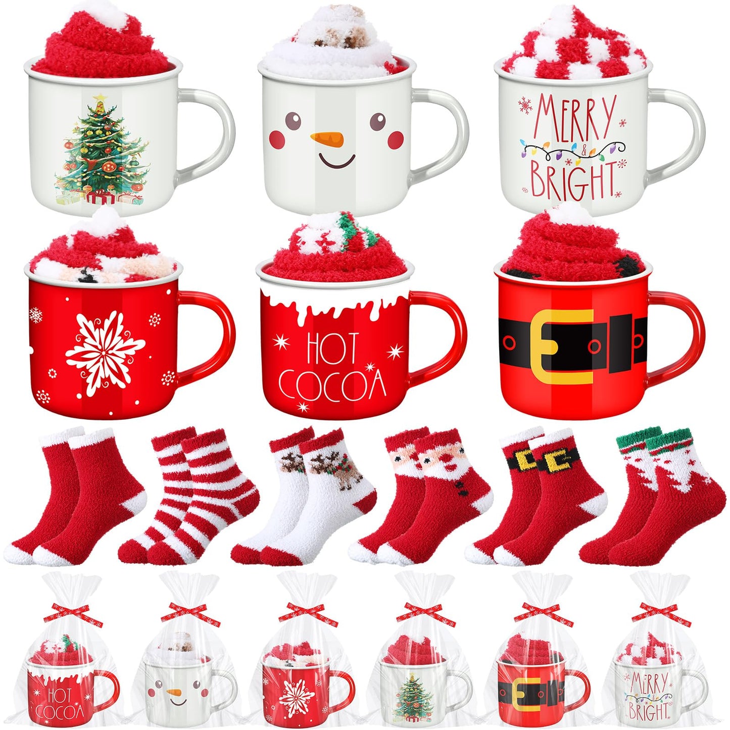 ShinyMatch 6 Pack Christmas Mug Gift Set 12oz Christmas Enamel Coffee Mug Xmas Fuzzy Socks Holiday Cup Slipper Socks transparent Bags and Ribbon DIY Gift for Women Coworker Friends Party(Red,Classic) - Medaid International
