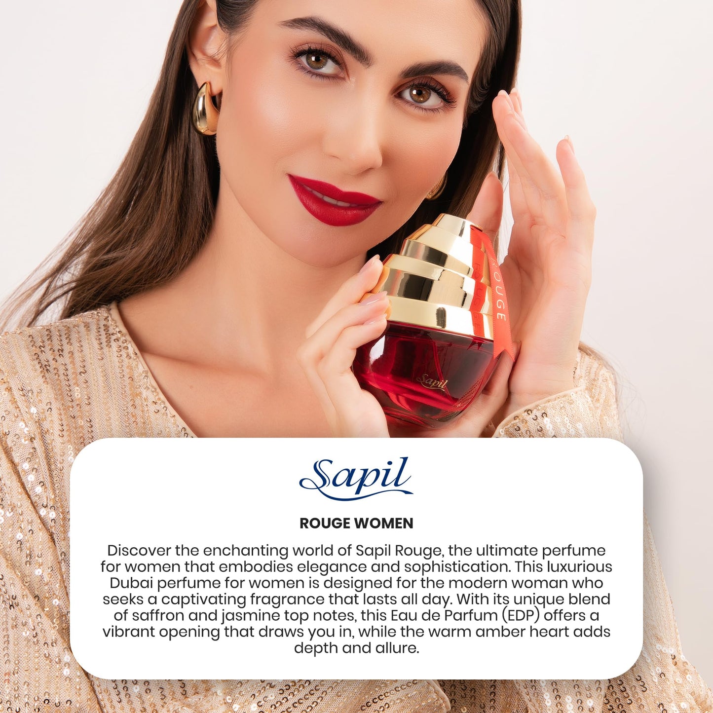 Sapil Rouge Eau de Parfum for Women – Long-Lasting Amber Floral Perfume with Saffron, Jasmine & Musk – 3.4 Oz (100ml) –Elegant Dubai Fragrance for Women –Arabic Perfume for Everyday &Special Occasions - Medaid International