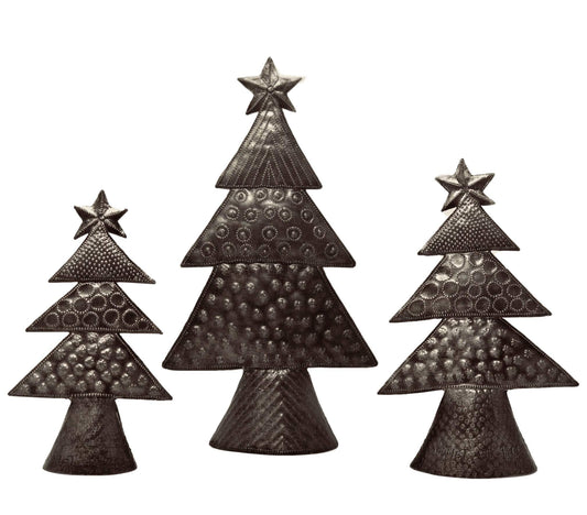 Metal Christmas Trees Set of 3 Handmade Holiday Tabletop Décor Rustic Farmhouse Christmas Home Décor Ideas Tallest 11 Inches Gift Giving Handmade Haitian Art - Medaid International