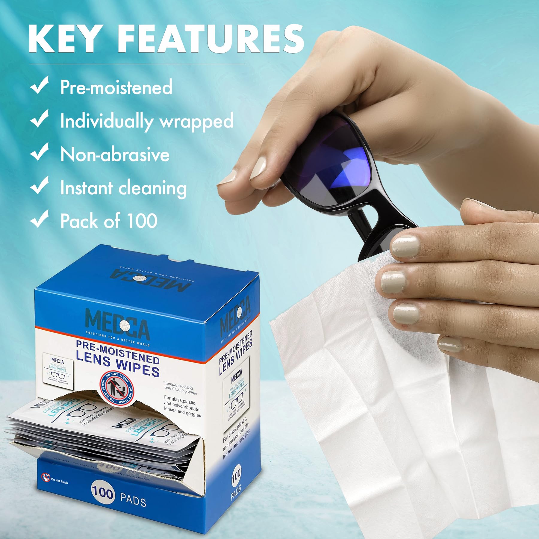 Premoistened Lens and Glass Cleaning Wipes - Portable Travel Cleaner for Glasses, Camera, Cell Phone, Smartphone, and Tablet - Disposable, Quick Drying, Streak Free - Individually Wrapped, Pack of 100 - Medaid International