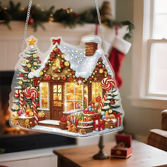 Christmas Gingerbread House Acrylic Ornament, Festive Hanging Decor with Candy & Tree Elements/1PC - Medaid International