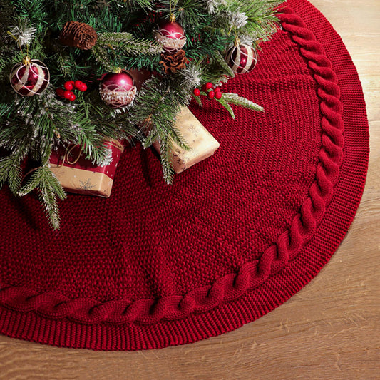 48 Inch Christmas Tree Skirt: Cable Knit Tree Skirt for 7.5FT Tree, Wine Red Tree Skirt, Vintage Tree Skirts, Rustic Farmhouse Christmas Decorations - Medaid International