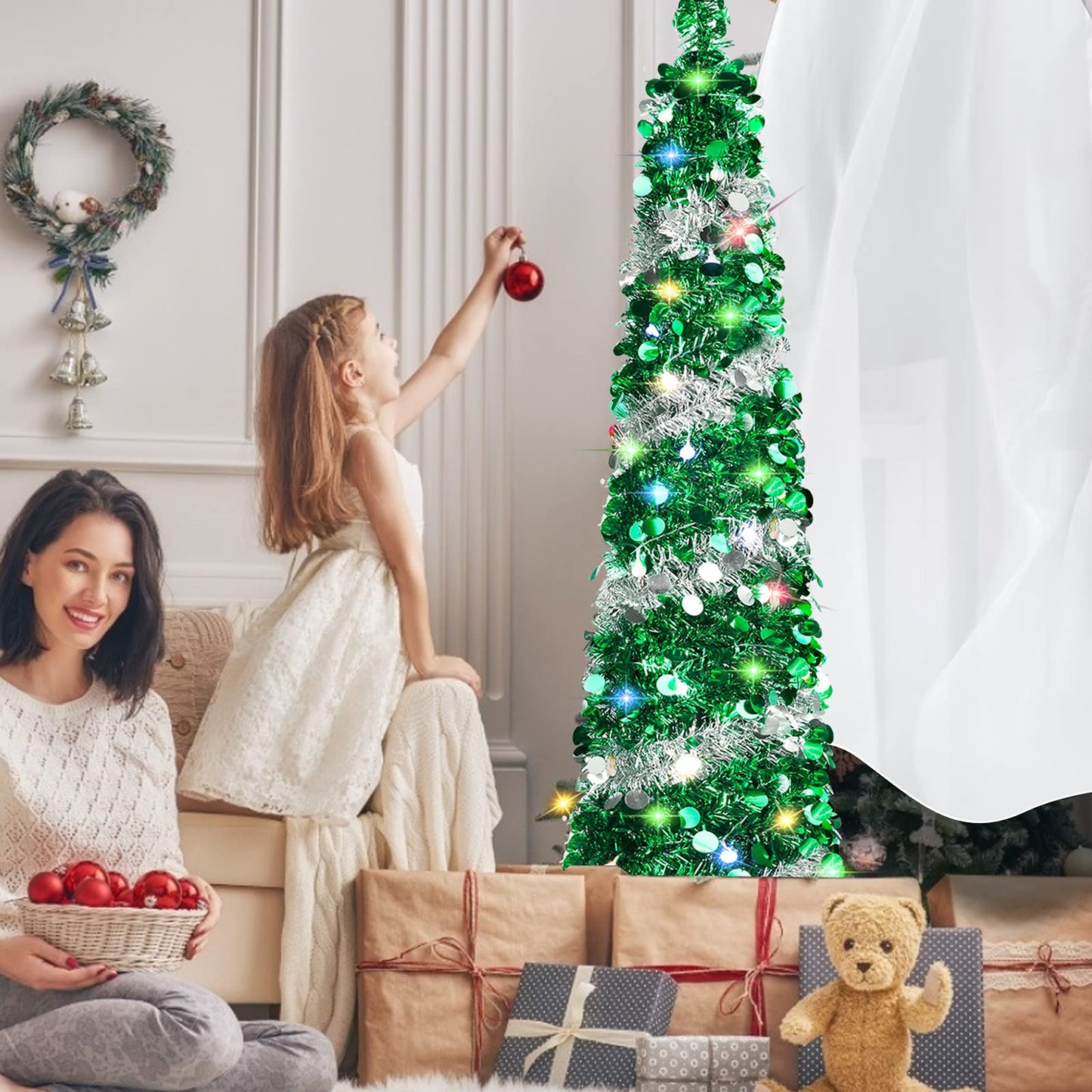 5 FT Christmas Trees with 90 Colorful Lights, Collapsible Artificial Sequin Pop Up Christmas Tree, Tall Skinny Pencil Tinsel Christmas Trees Xmas Tree for Home Apartment Basement Fireplace - Medaid International