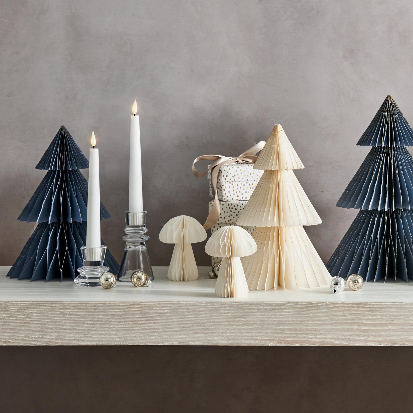 LampLust Paper Christmas Tree Decor, 2 Pack Honeycomb Paper Trees, 6 & 8 Inch, White & Gold Glitter Edge, Holiday Table Centerpieces, Christmas Table Decor, Winter Decorations - Medaid International