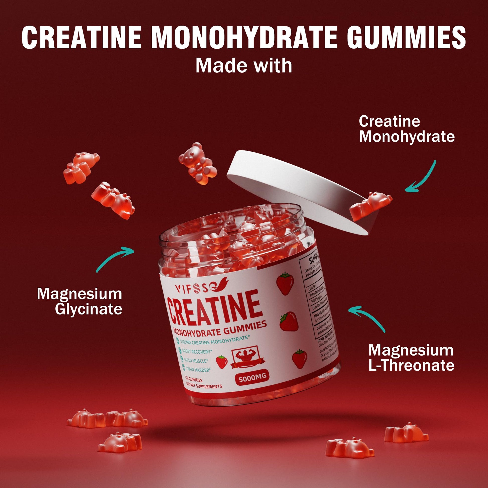 VIFSSG Creatine Monohydrate Gummies 5 g for Men & Women, 120 Sugar Free Gummies with 200 Mg Magnesium Glycinate, 200 Mg L-Threonate for Muscle Support, Energy Boost - Medaid International