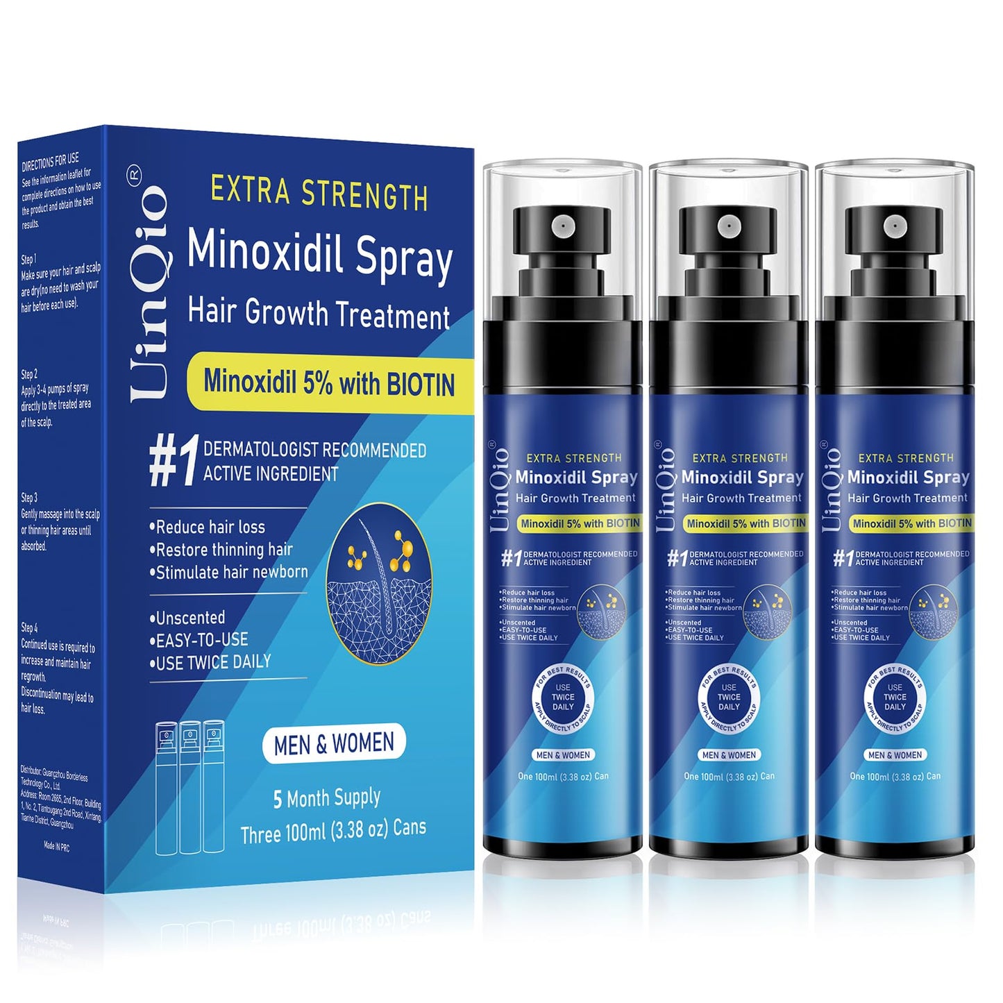 5% Minoxidil Spray for Men and Women, Infused with Biotin, for Hair Regrowth Treatment, Beard Growth, Extra Strength Treatment to Combat Hair Loss and Thinning, 5 Month Supply, 3 x 3.38 oz - Medaid International