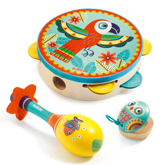 DJECO Animambo Tambourine, Maraca, Castanet Music Instrument Set - Cute Parrot, Fish & Owl Design Toddler Educational Musical Toy for Creativity & Rythym - Toys for 3+ Years Girls & Boys - Medaid International