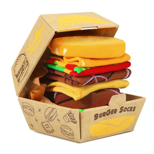 Funny Burger Socks Box for Men Teen Boys Dad Women - Fun Crazy Novelty Cool Silly Hamburger Funky Food Socks Gifts - Unique Gag Gift Ideas for Mens Birthday Father Day Christmas Stocking Stuffers - Medaid International