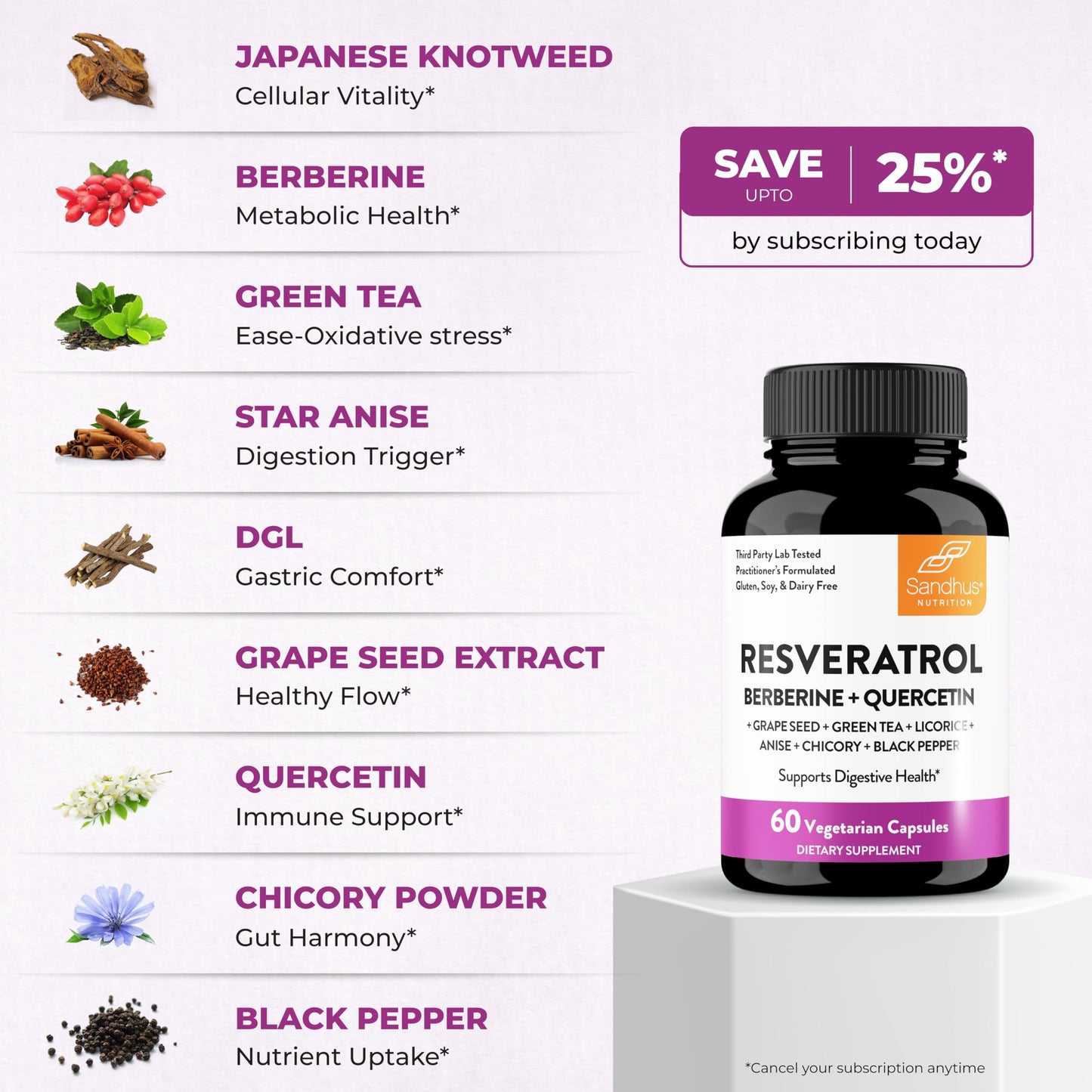 Sandhu's Resveratrol with Berberine for Gut Health | Digestive Supplement for Women & Men | Green Tea, Star Anise, DGL, Grape Seed Extract & Quercetin | Eases Bloating | 60 Capsules (Pack of 1) - Medaid International