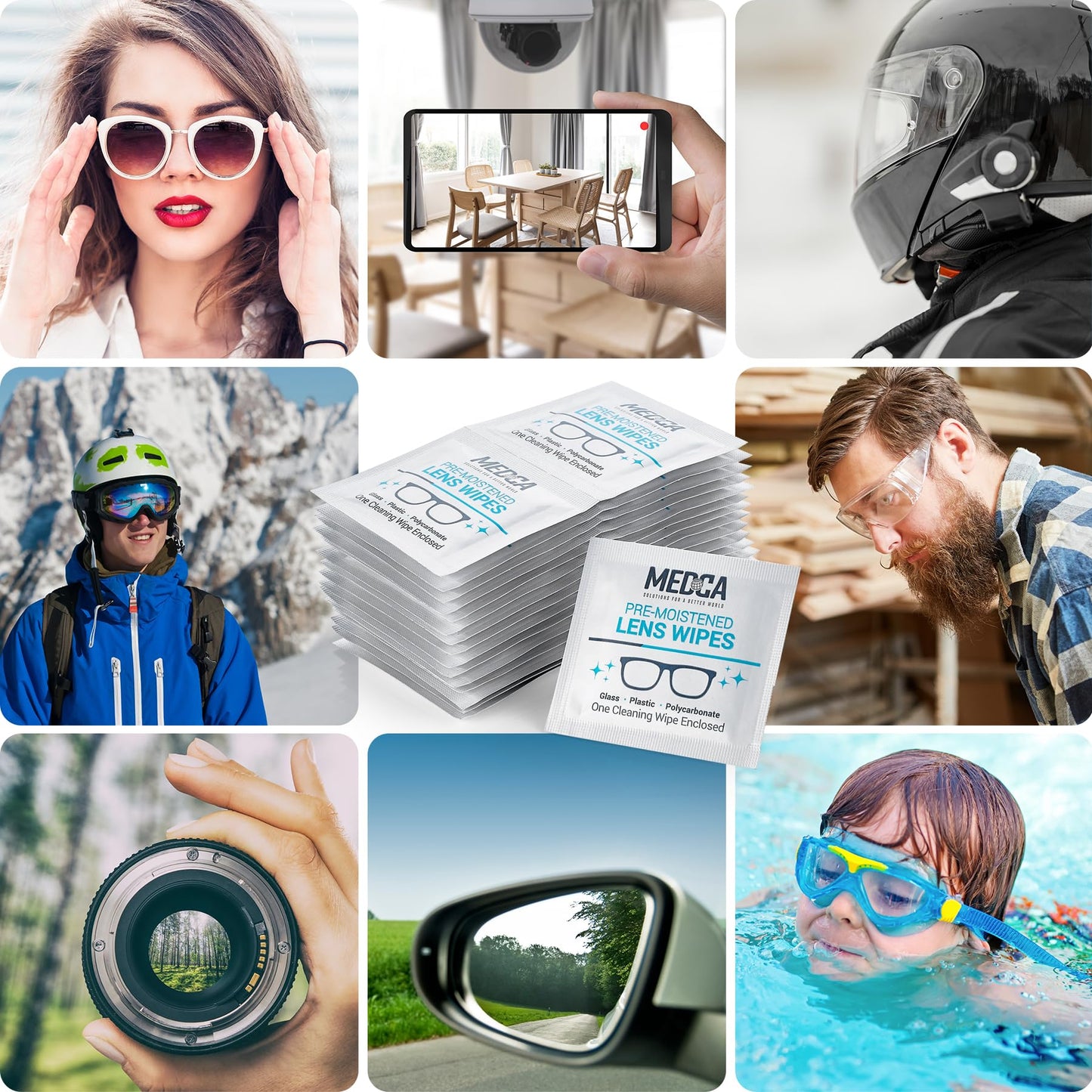 Premoistened Lens and Glass Cleaning Wipes - Portable Travel Cleaner for Glasses, Camera, Cell Phone, Smartphone, and Tablet - Disposable, Quick Drying, Streak Free - Individually Wrapped, Pack of 100 - Medaid International