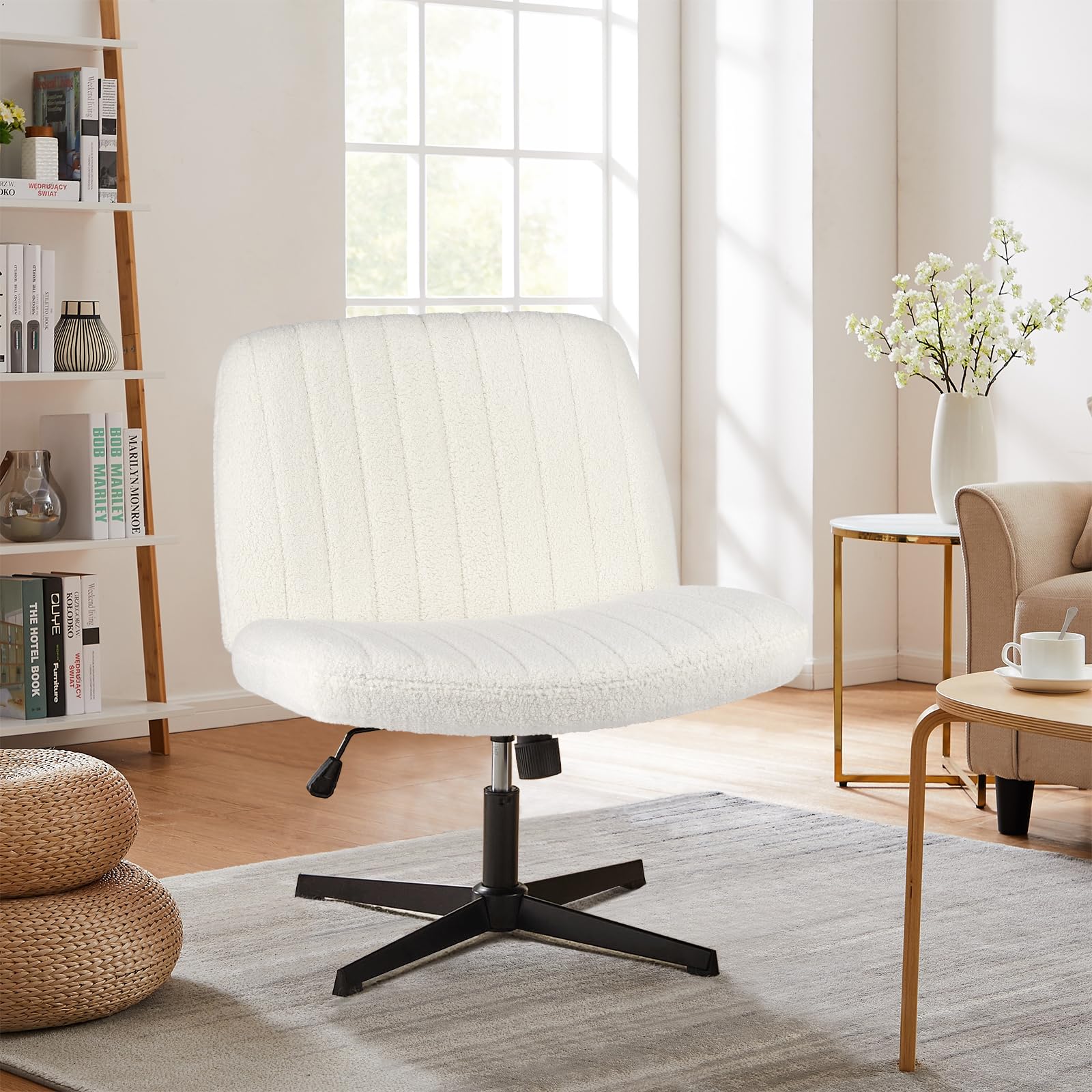 Sweetcrispy Criss Cross Chair Legged, Armless Office Swivel Desk Chair No Wheels, Vanity Height Adjustable Wide Seat Computer Task Seating - Teddy Cream - Medaid International