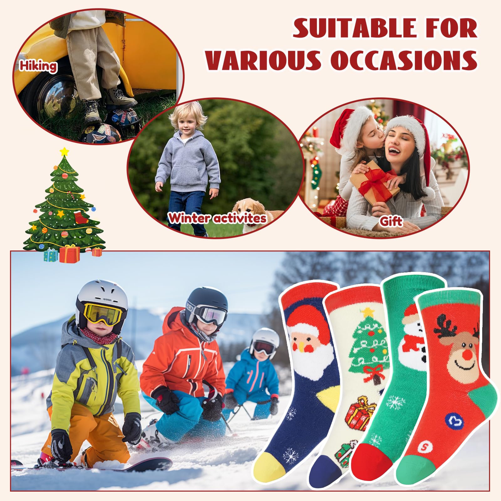 Merino Wool Christmas Socks for Toddler Boys Girls, Kids Hiking Winter Warm Cozy Thick Thermal Crew Boot Socks 4 Pairs - Medaid International