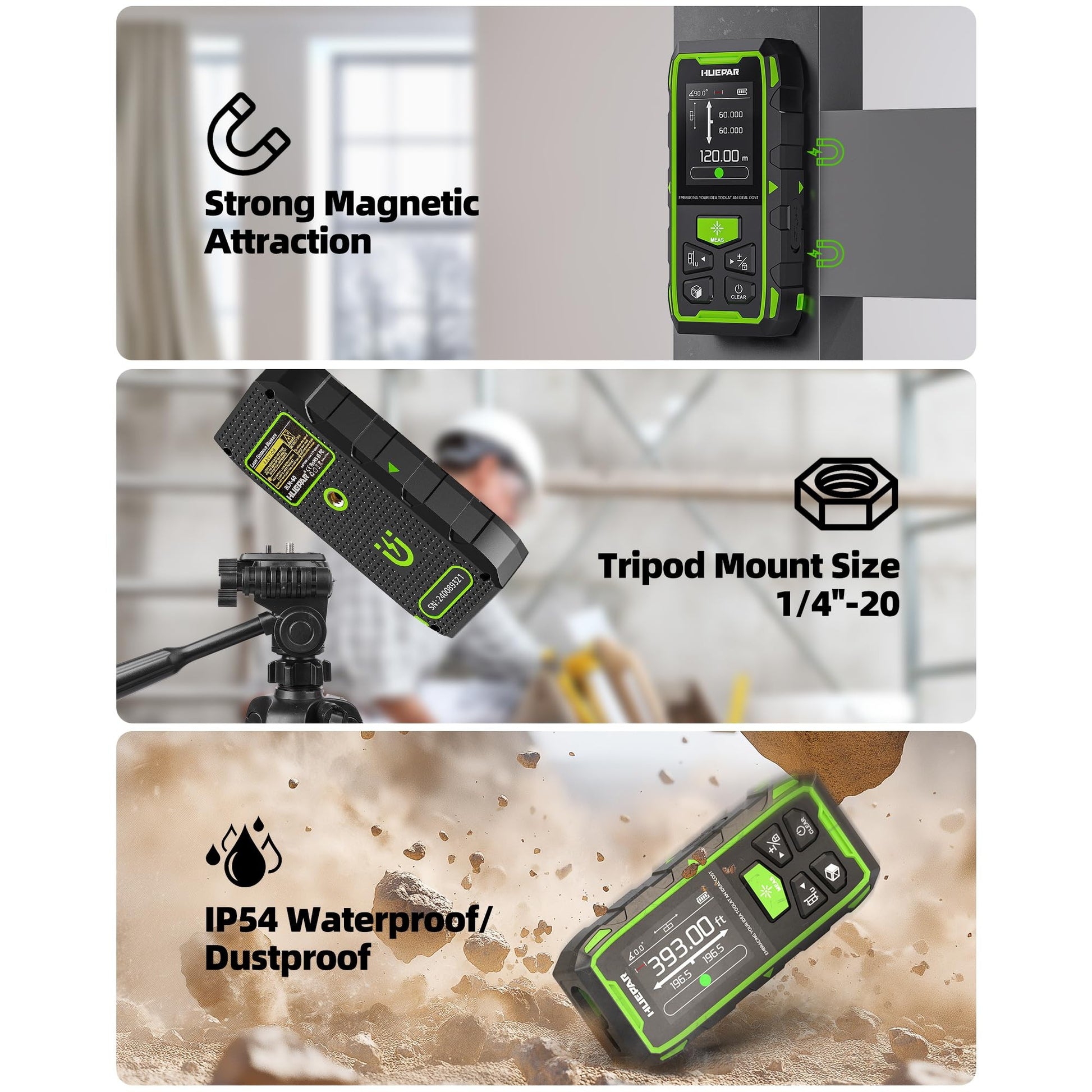 Huepar Professional Dual Laser Measuring Tool 393ft, Rechargeable Bilateral Laser Measurement Tool, Digital Laser Room Measure Devices, Metro Laser Measurement Tool with Angle Sensor, Magnetic Back - Medaid International