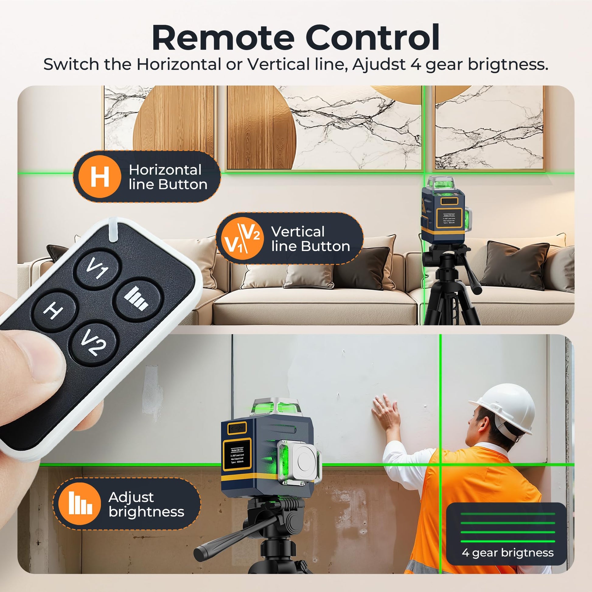 CIGMAN Laser Level Self Leveling 3x360° 3D Green Cross Line for Construction and Picture Hanging, Rechargeable battery, Remote Controller, Magnetic Rotating Stand Included - Medaid International