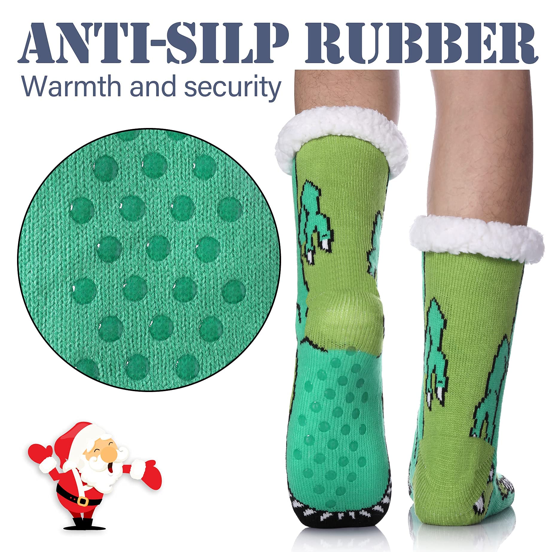 LINEMIN Mens Warm Slipper Socks Soft Cozy Fuzzy Fleece-Lined Winter Non Slip Indoor Christmas Socks (Dinosaur Green) - Medaid International