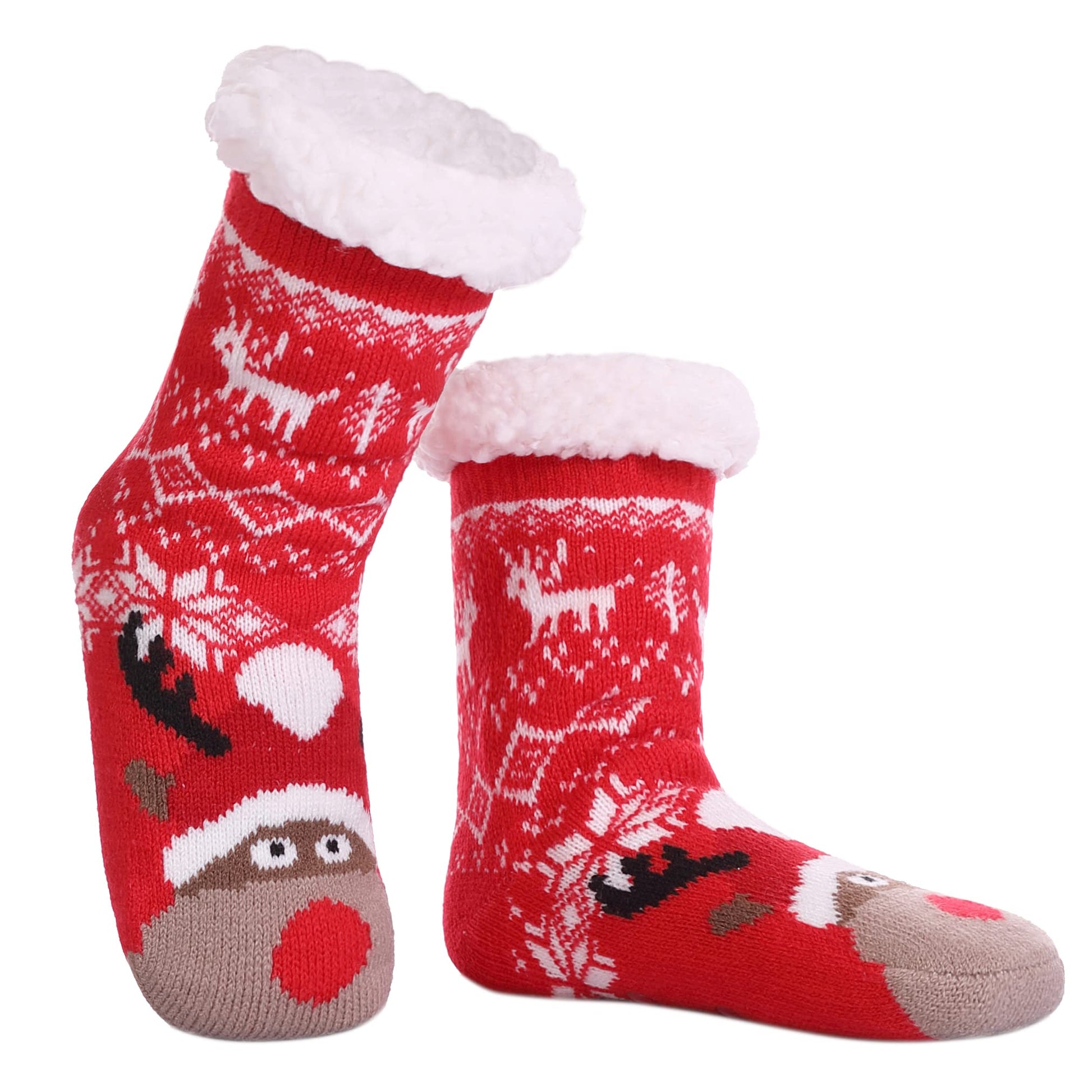 FNOVCO Kids Slipper Socks Boys Girls Fuzzy Soft Thick Cozy Warm Fleece lined Winter Indoor Christmas Socks (4-7 Years, Red Christmas Deer) - Medaid International