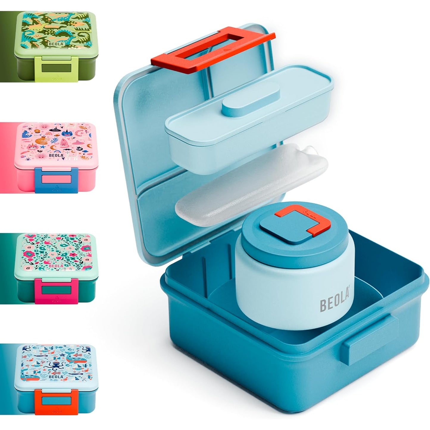 BEOLA Lunch Box for Kids with Food Jar Inside, Multi Compartment Bento Lunch Box with 240ml Food Thermos and Ice Pack, Tiffin Box for Kids with Insulated Steel Jar, Lightweight BPA free (Sea Vibes) - Medaid