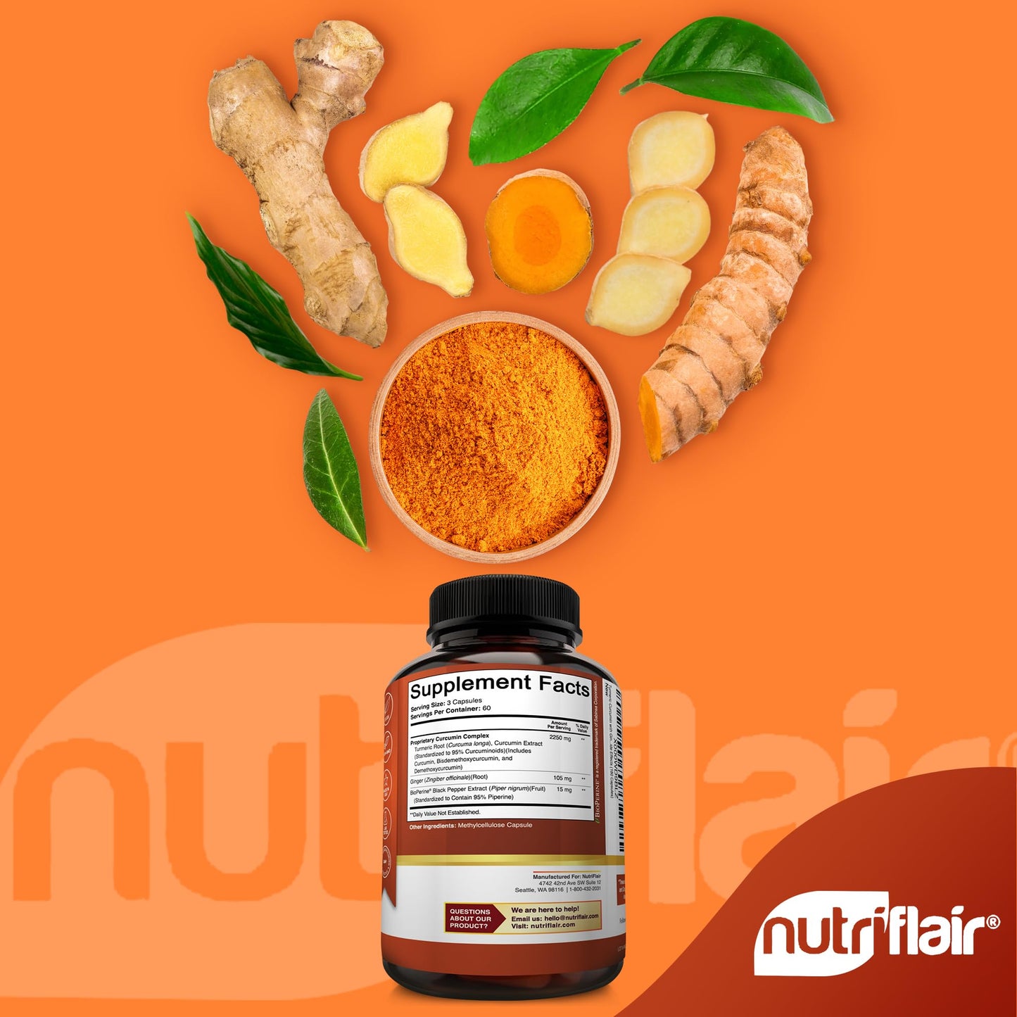 NutriFlair Turmeric Curcumin with Ginger and BioPerine Black Pepper Supplements, 180 Capsules - 95% Curcuminoids - Joint Support, Antioxidant, Anti Aging - Natural, Non-GMO, Vegan Best Maximum Potency - Medaid International