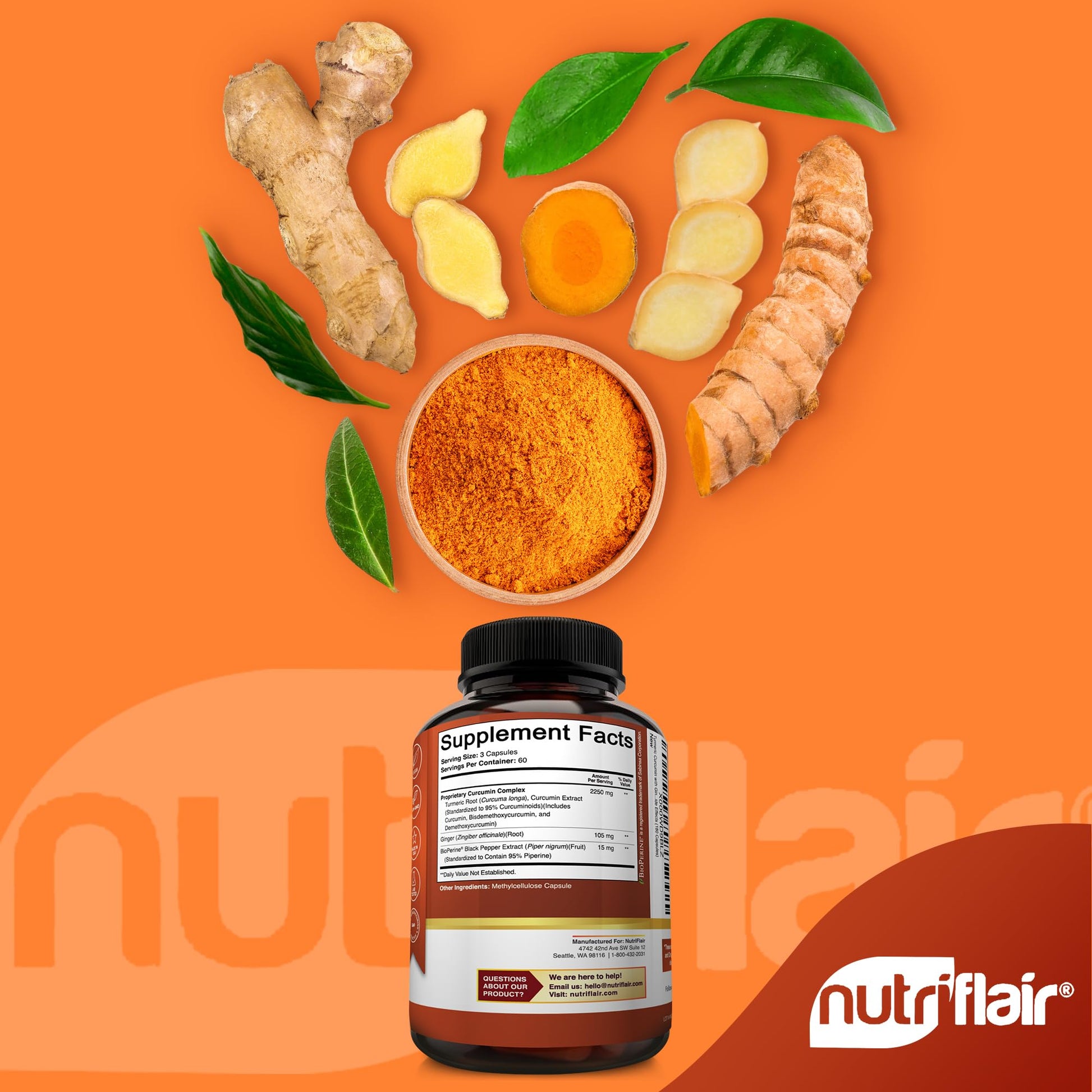 NutriFlair Turmeric Curcumin with Ginger and BioPerine Black Pepper Supplements, 180 Capsules - 95% Curcuminoids - Joint Support, Antioxidant, Anti Aging - Natural, Non-GMO, Vegan Best Maximum Potency - Medaid International