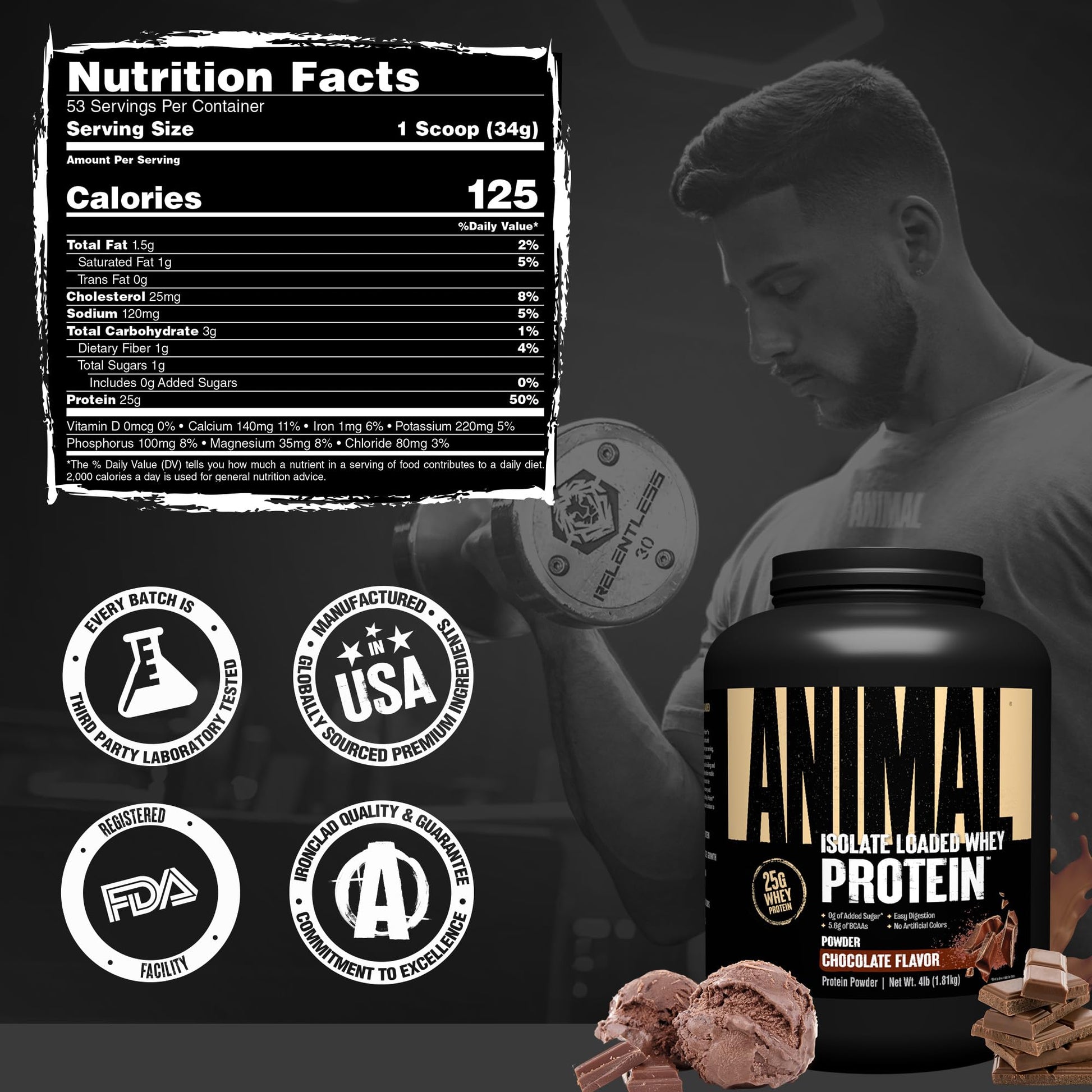 Animal Whey Isolate Protein Powder - Loaded for Pre & Post Workout Muscle Builder and Recovery with Digestive Enzymes for Men & Women - 25g Protein, Great Taste, Low Sugar - Chocolate 4 lbs - Medaid International
