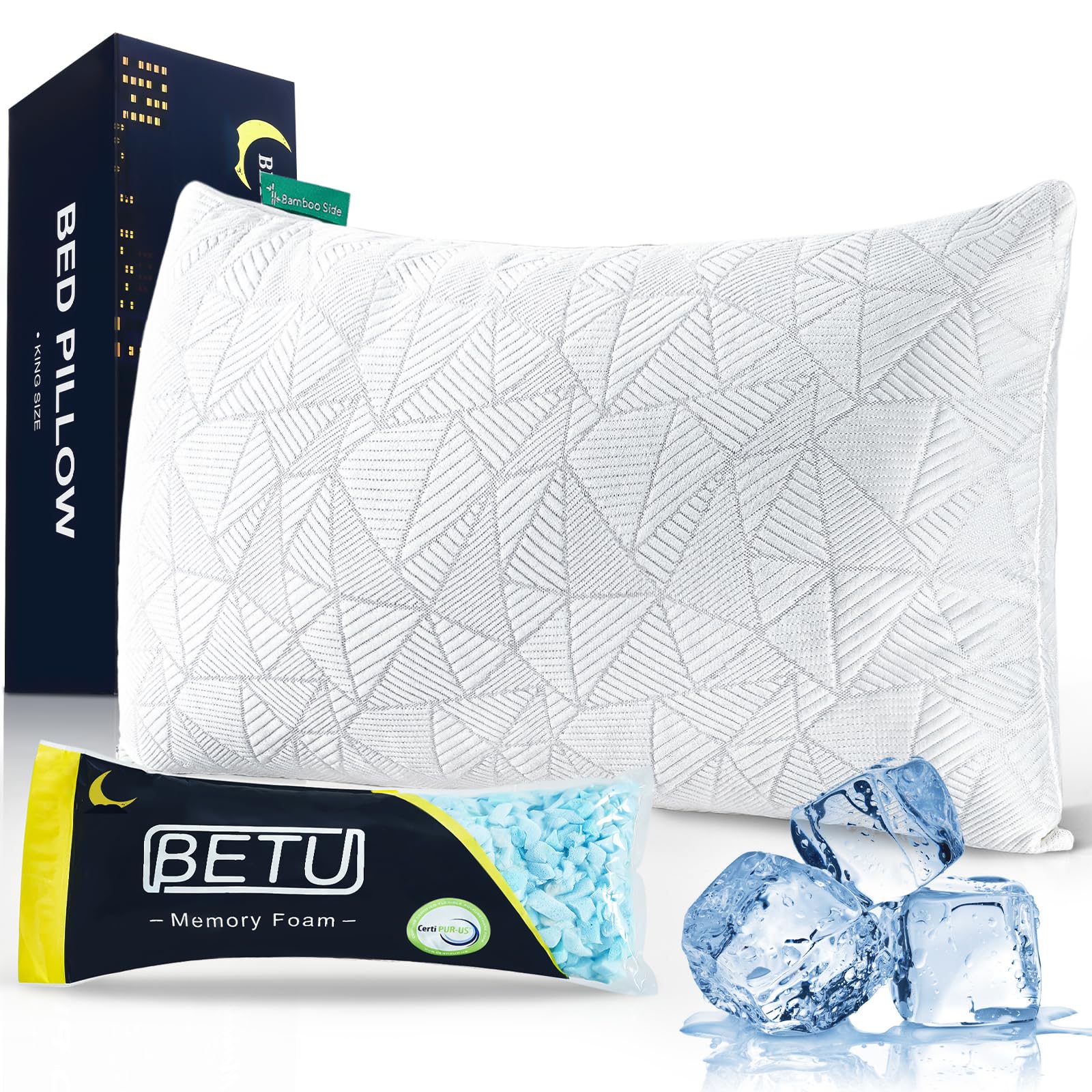 BETU Cooling Pillow Queen Size, Shredded Memory Foam Cool Pillow for Hot Sleepers, Adjustable Firm Soft Support Bed Pillows Perfect for Back Neck Pain and Side Sleeping with Pillow Case Cover, White - Medaid International