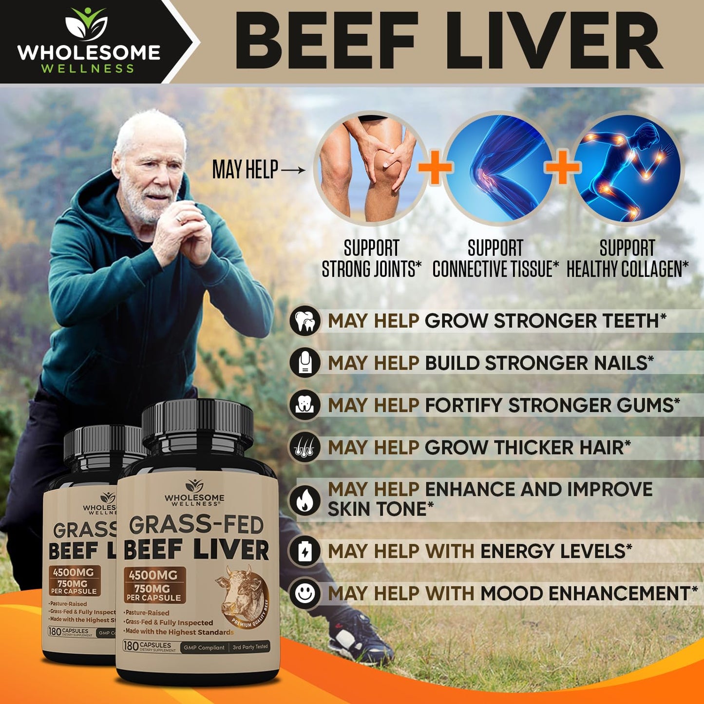 Wholesome Wellness Grass Fed Desiccated Beef Liver Capsules (180 Pills, 750mg Each) - Natural Iron, Vitamin A, B12 for Energy - Raised Undefatted in New Zealand Without Hormones or Chemicals - Medaid International