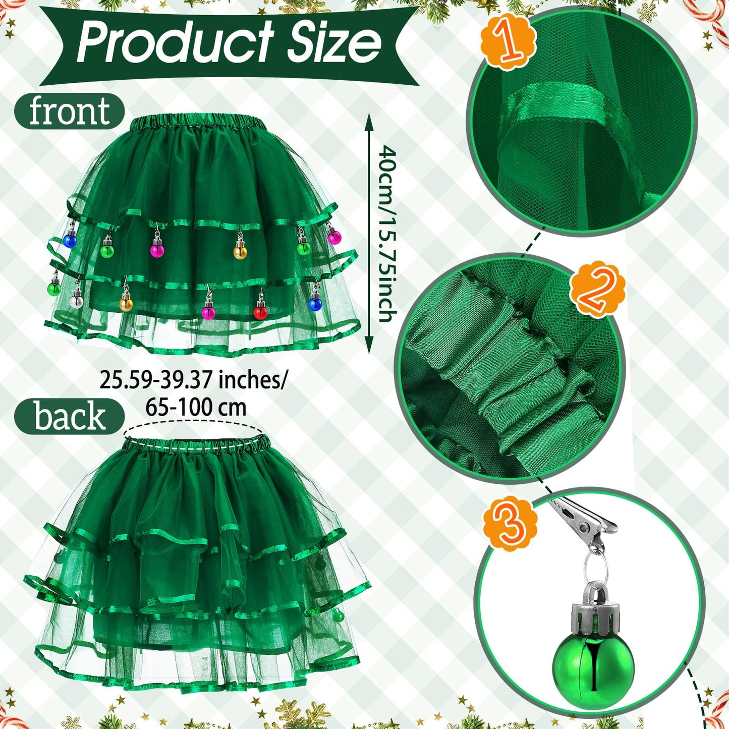 JenPen 4 Pcs Christmas Tree Costumes for Women Xmas Tutu Skirt Christmas Tree Headband Socks Xmas Outfit for Costume(Colored Clips) - Medaid International