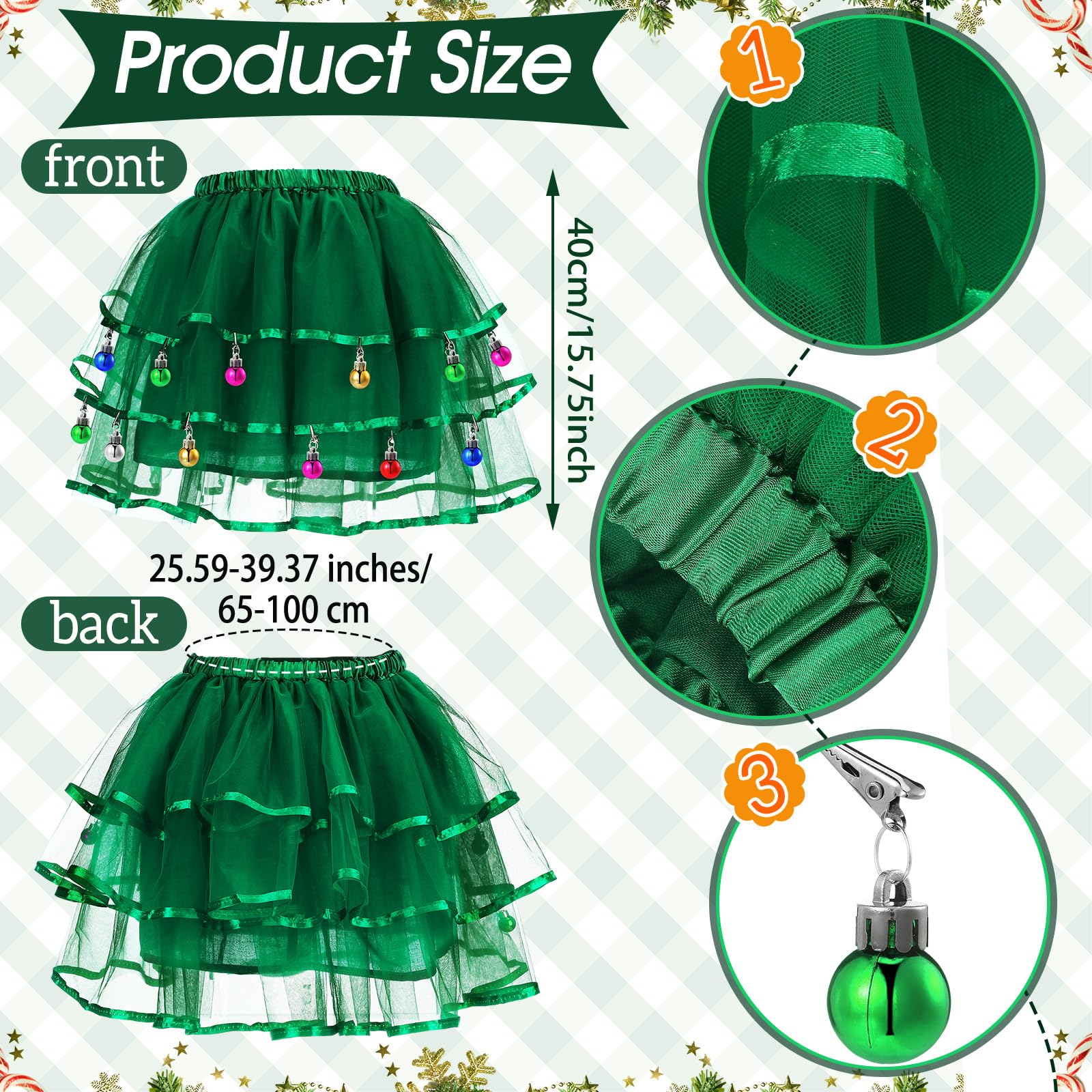 JenPen 4 Pcs Christmas Tree Costumes for Women Xmas Tutu Skirt Christmas Tree Headband Socks Xmas Outfit for Costume(Colored Clips) - Medaid International