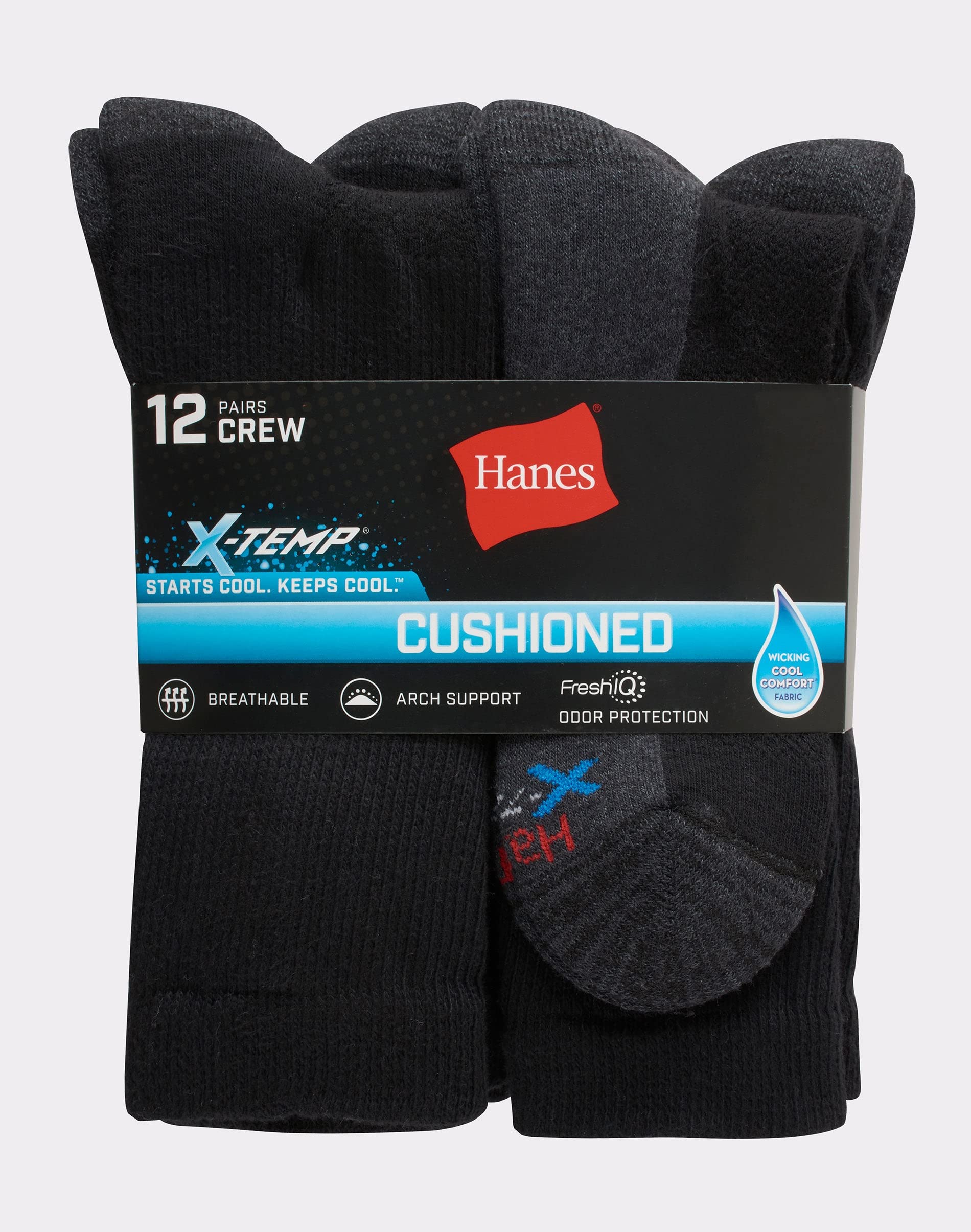 Hanes Mens Socks, X-temp Cushioned Crew 12-pack, Black, 10 US - Medaid International