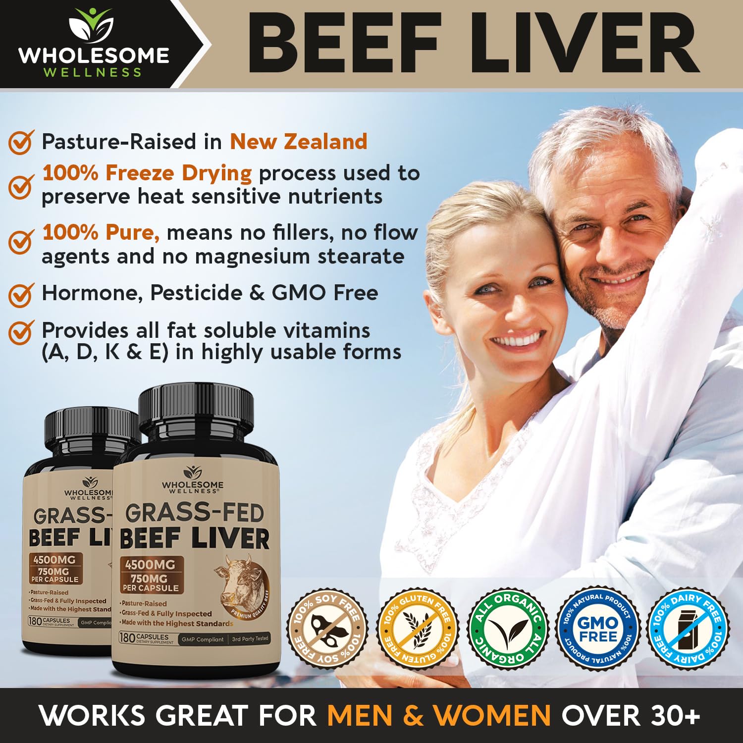 Wholesome Wellness Grass Fed Desiccated Beef Liver Capsules (180 Pills, 750mg Each) - Natural Iron, Vitamin A, B12 for Energy - Raised Undefatted in New Zealand Without Hormones or Chemicals - Medaid International
