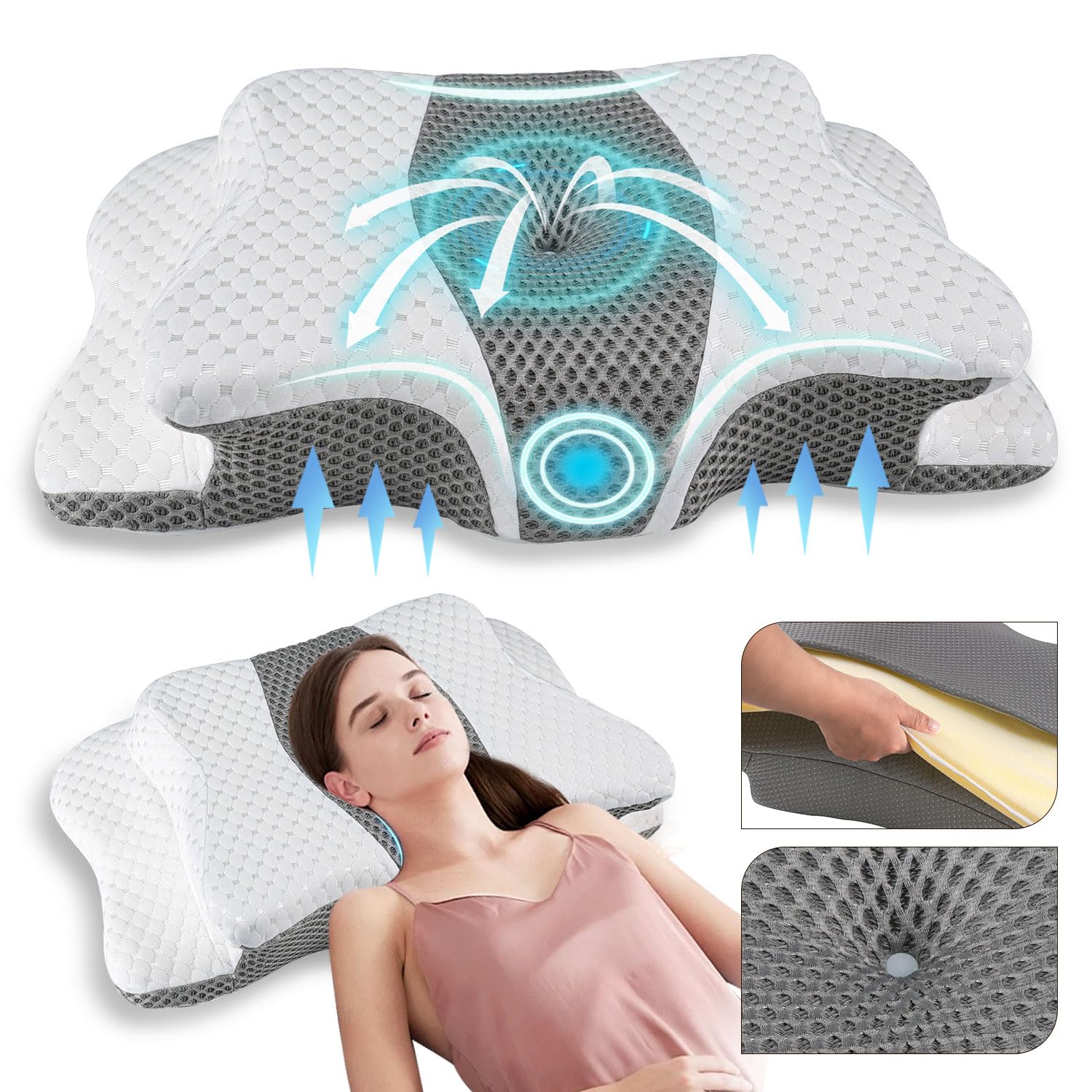 Pain Relief Cervical Pillow for Neck Support,Adjustable Ergonomic Pillow Cozy Sleeping,Odorless Orthopedic Memory Foam Pillows,Contour Bed Pillow for Side Back Stomach Sleeper - Medaid International