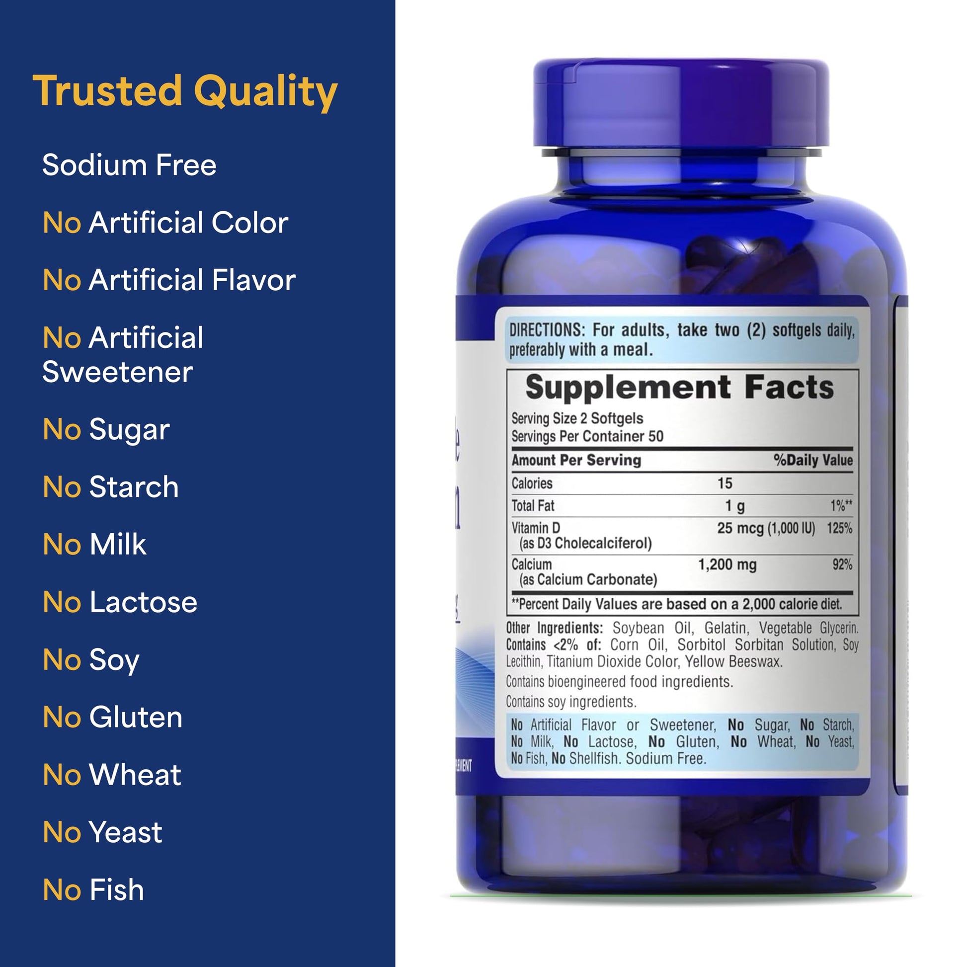 Puritan's Pride Absorbable Calcium 1200 mg Plus Vitamin D3 25mcg 1000 IU With Bone-Active™, Dietary Supplement For Bone Strength, Heart, Nerve, Muscle, And Immune Support, 100 Rapid Release Softgels - Medaid International