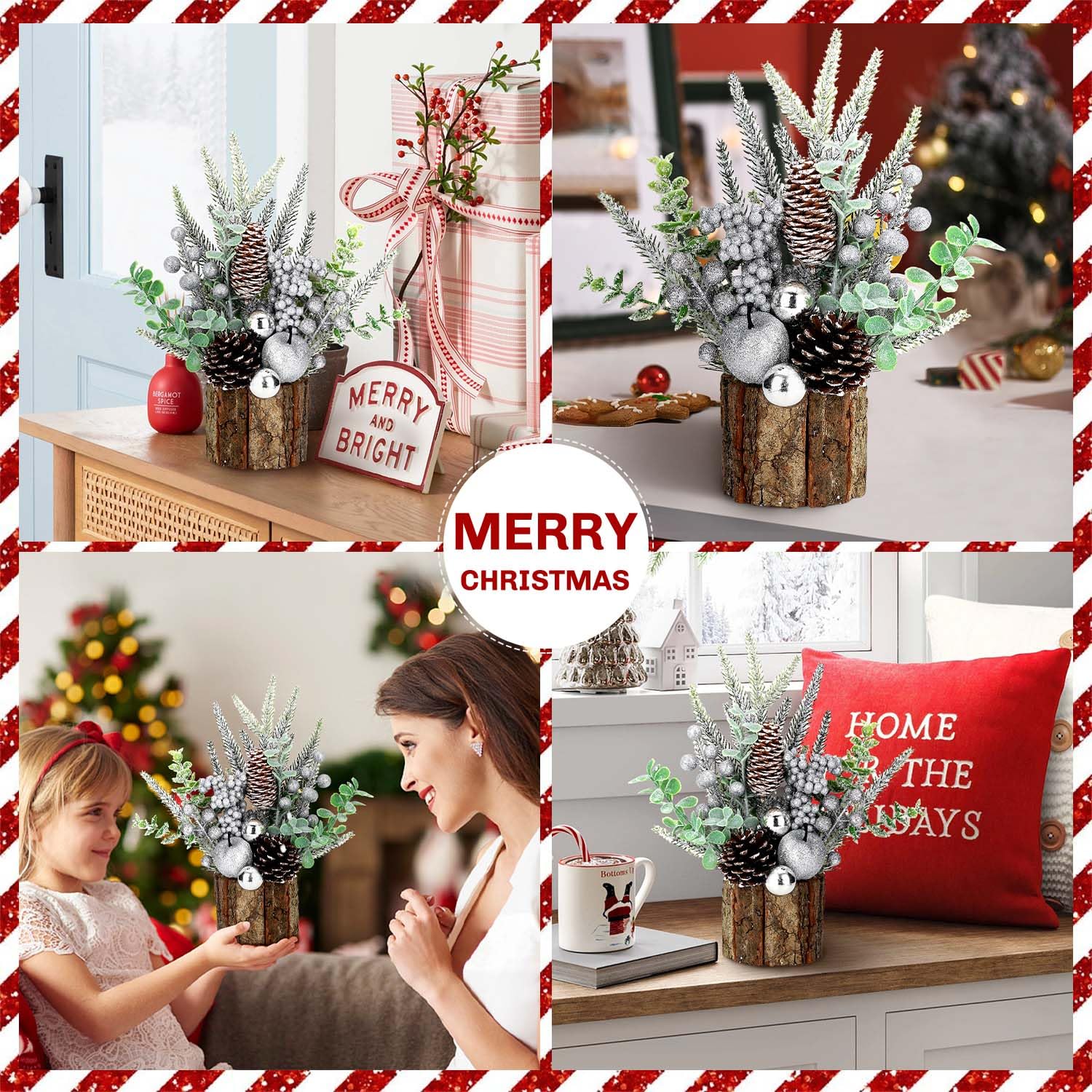 Small Christmas Tree Tabletop Artificial Mini Christmas Tree Decorations with Holiday Ornaments Red Berry Pine Cone Greenery for Home Indoor Fireplace Mantel Xmas Decor (Tree Stump-Silver) - Medaid International