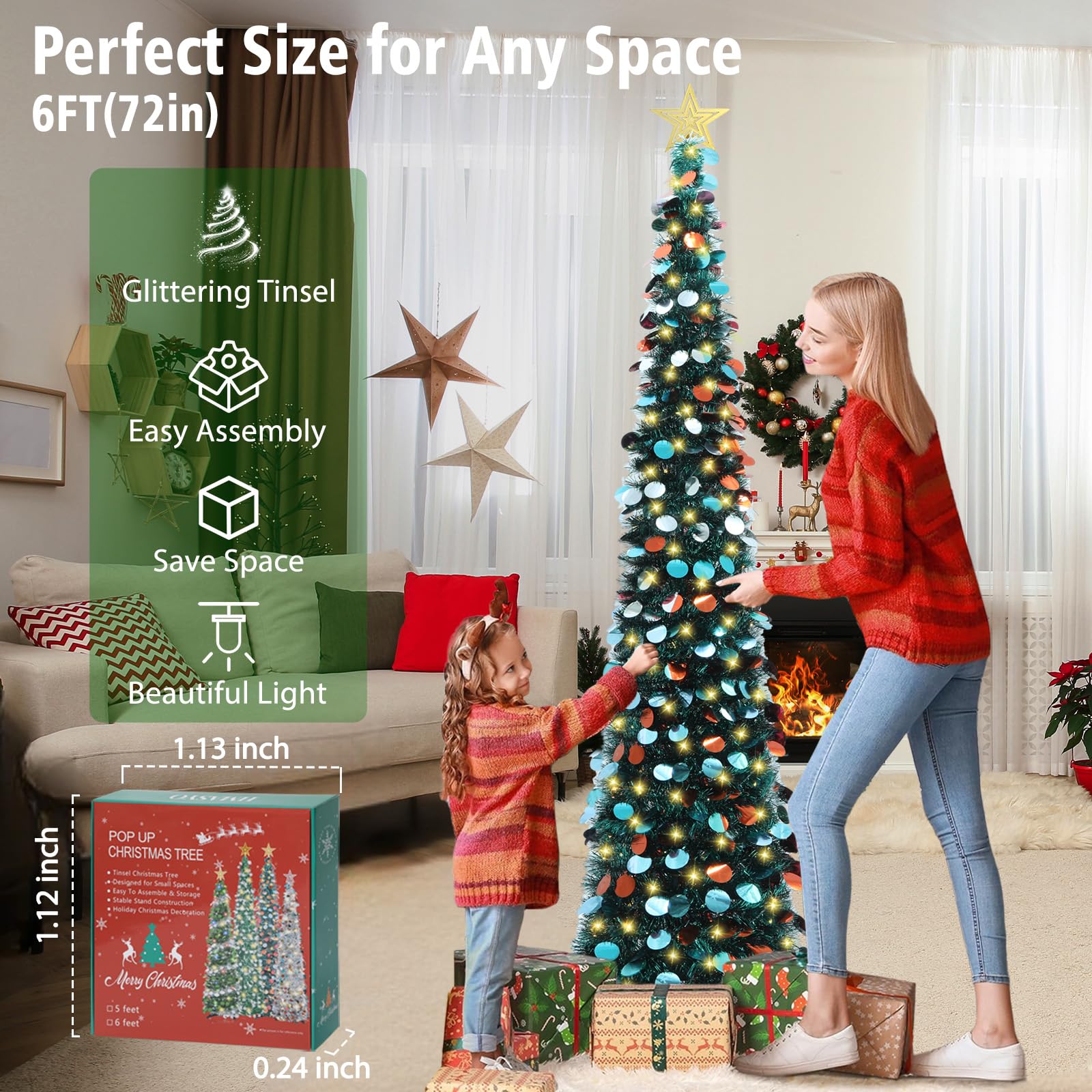 HMASYO 6 FT Pop Up Christmas Tree with 100 LED Lights & Remote, Green Christmas Tinsel Tree, Collapsible Artificial Pencil Tree for Home Office Party Decor, USB Powered Timer Lights, Easy Assembly - Medaid International