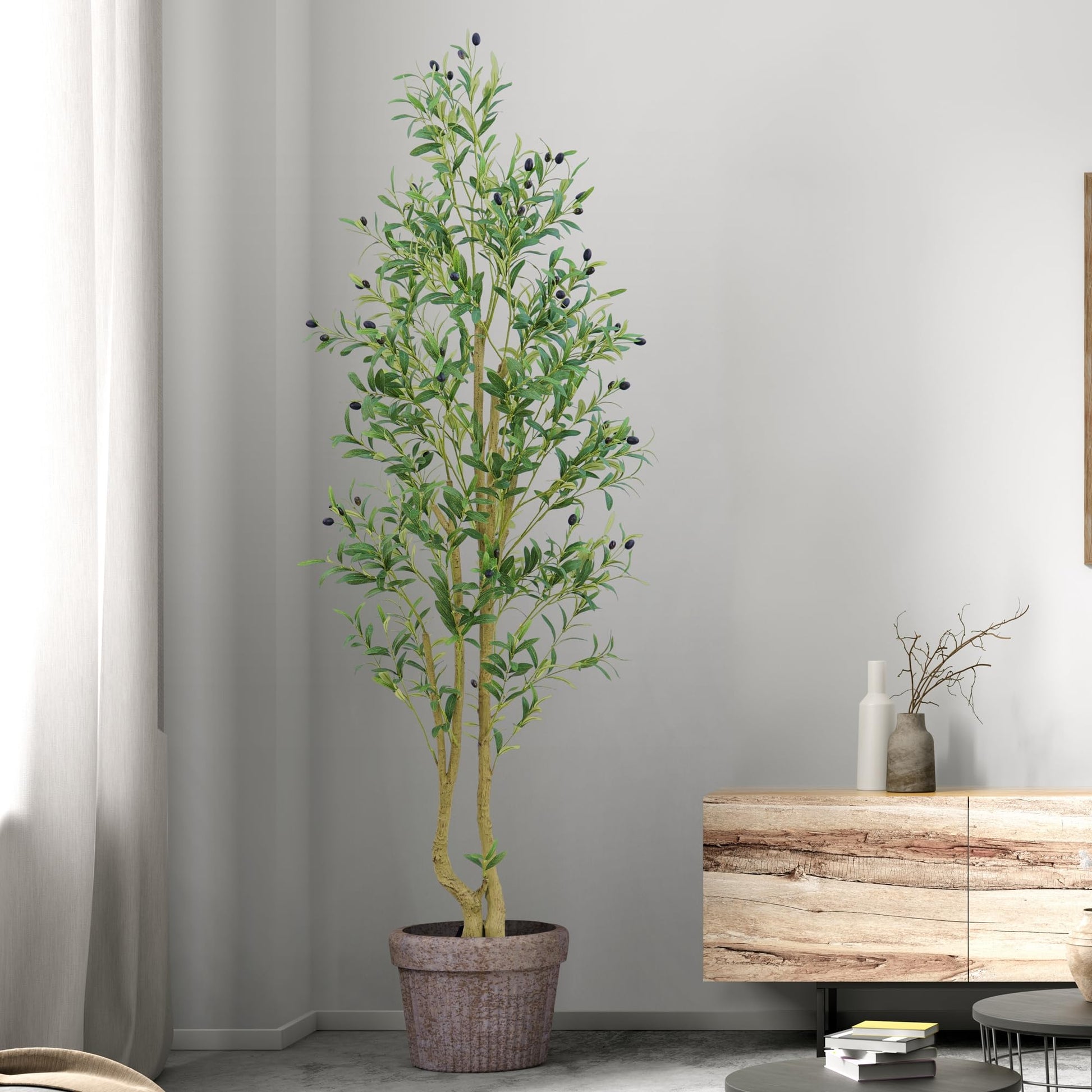 HZXGCP Olive Tree 6ft, Artificial Olive Tree with White Pot, Fake Tree with 1296 Dense Leaves & 72 High-Simulated Olive Fruits - Easy Assembly, Low Maintenance (Olive Tree 6ft) - Medaid International
