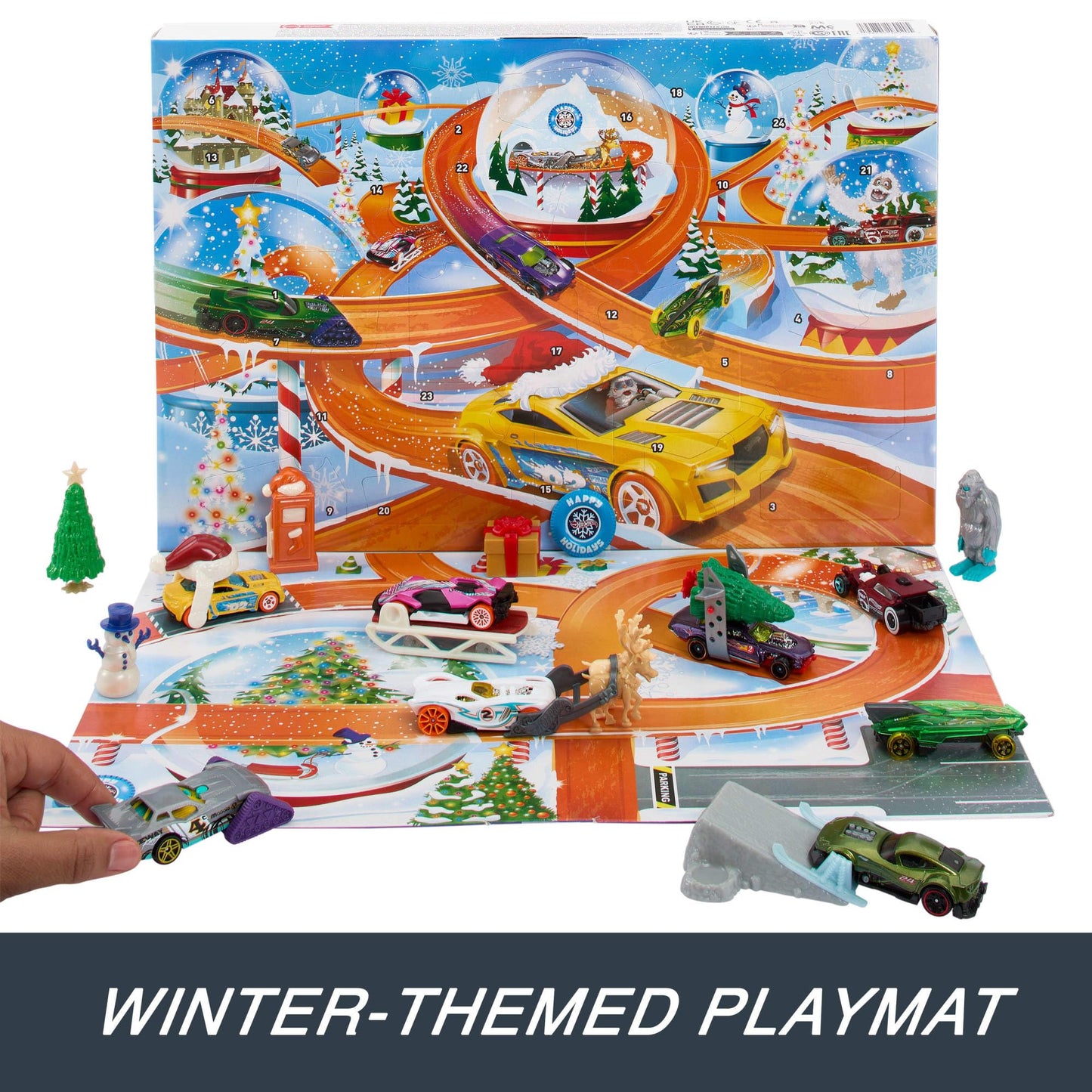 Hot Wheels Toy Cars, 2024 Advent Calendar, 8 1:64 Scale Cars, 16 Winter-Themed Accessories Behind 24 Numbered Doors & a Playmat - Medaid International