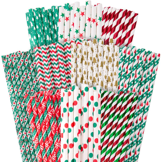 125PCS Christmas Paper Straws, 10 Styles Paper Drinking Straws Red and Green Stripes for Xmas Party, Wedding Favors, DIY Crafts - Medaid International