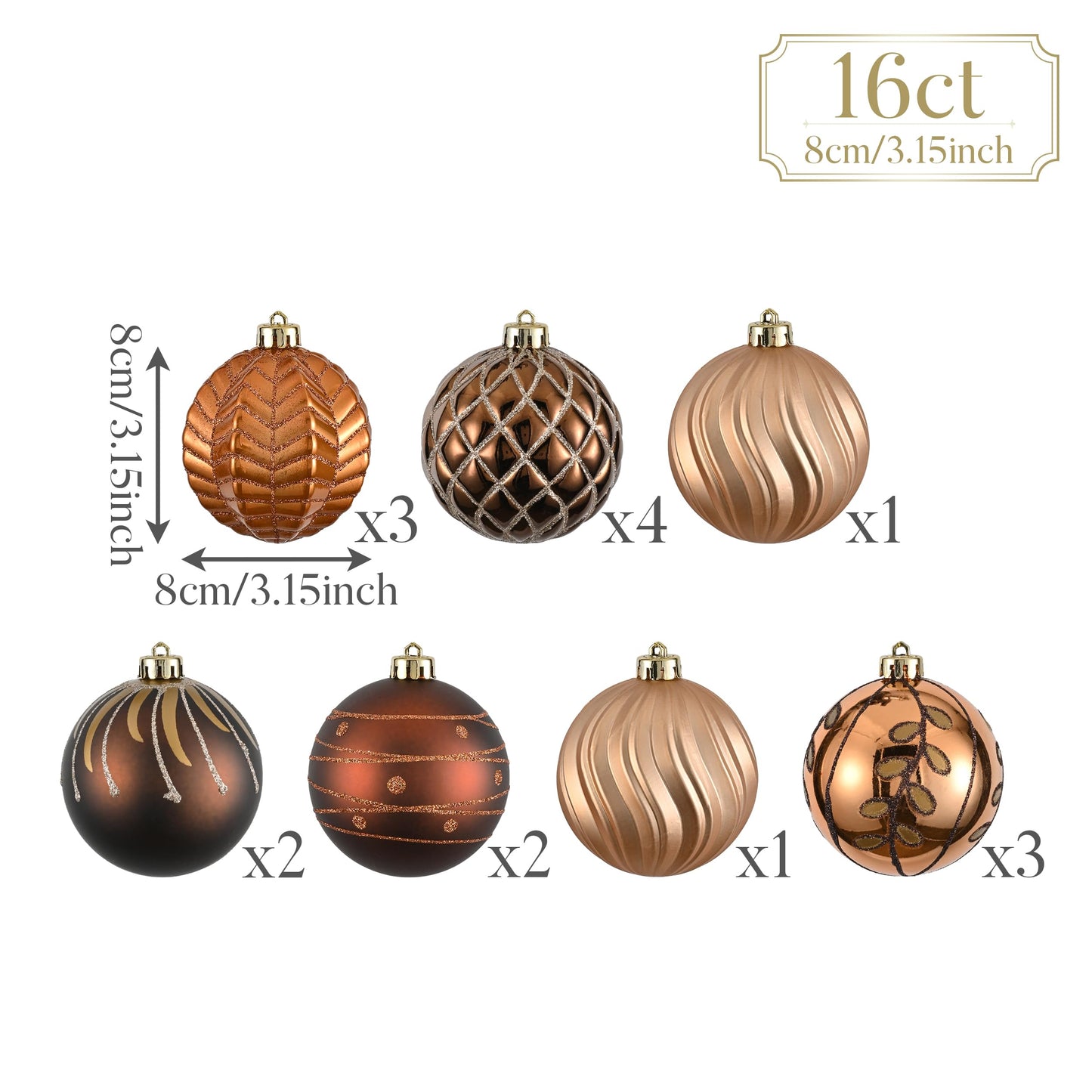 Valery Madelyn Christmas Ornaments Set, 16ct Bronze Copper and Gold Shatterproof Christmas Tree Decorations Ball Ornaments Bulk, 3.15 Inches Elegant Hanging Ornaments for Xmas Trees Decor - Medaid International