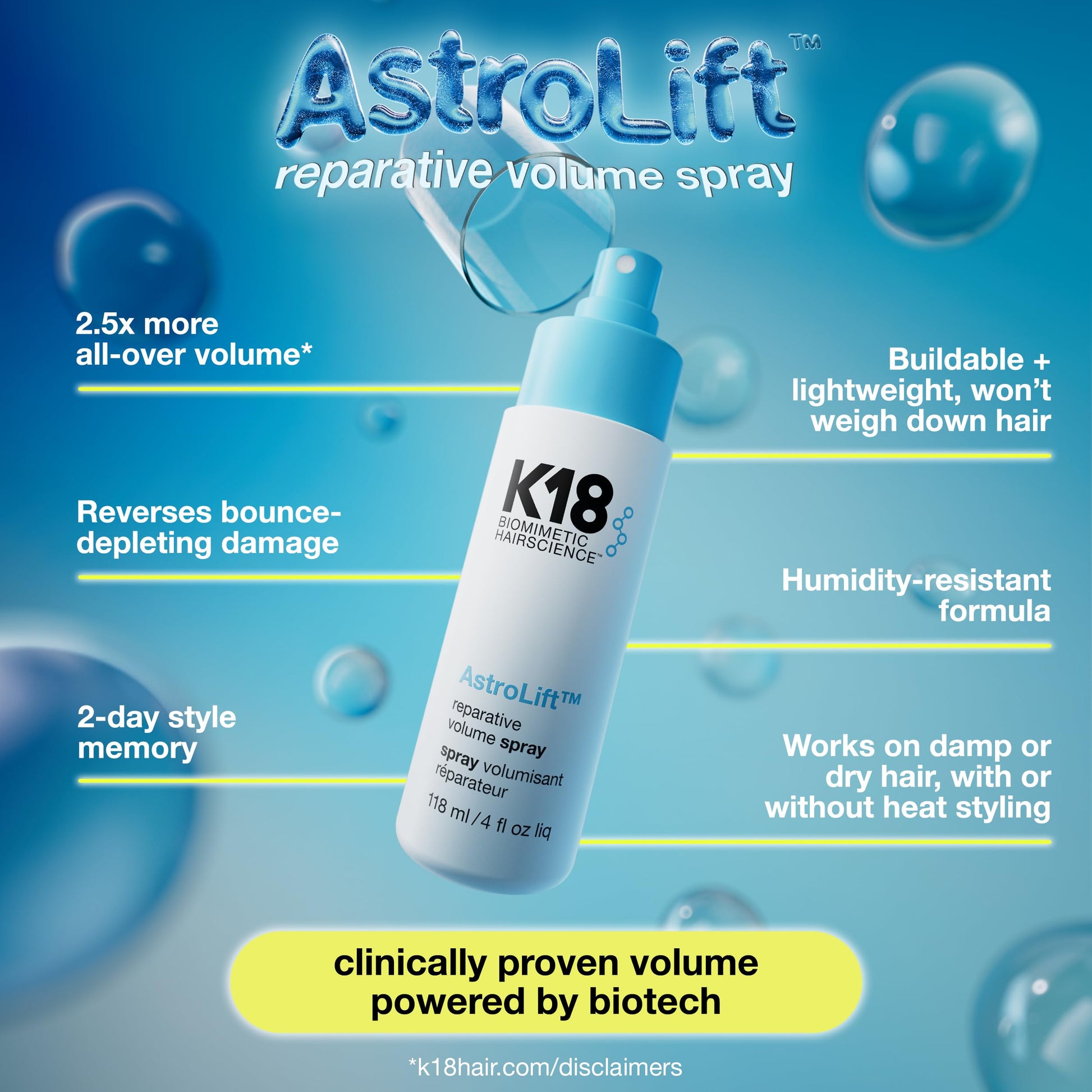K18 AstroLift™ Reparative Volume Spray, 2-Day Hair Thickening + Hold For Thin, Fine, Fragile Hair, Non-Sticky, Non-Crunchy, Humidity-Resistant Volumizing Spray, 4 Fl Oz - Medaid International