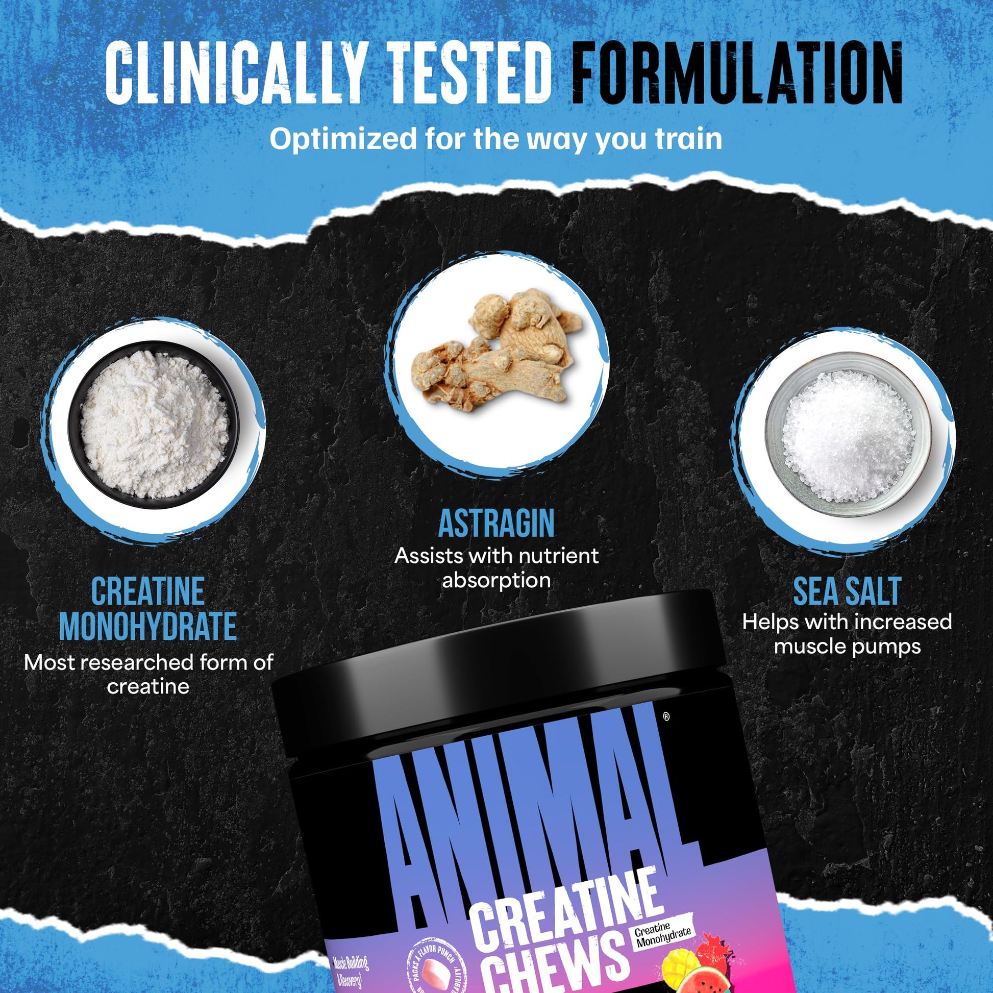 Animal Creatine Chews Tablets - Enhanced Creatine Monohydrate with AstraGin to Improve Absorption, Sea Salt for Added Pumps, Delicious and Convenient Chewable Tablets - Fruit Punch - Medaid International