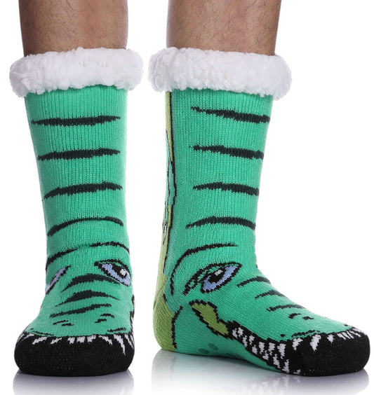 LINEMIN Mens Warm Slipper Socks Soft Cozy Fuzzy Fleece-Lined Winter Non Slip Indoor Christmas Socks (Dinosaur Green) - Medaid International