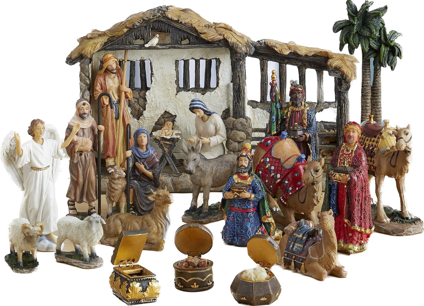 Three Kings Gifts Nativity Set for Christmas Indoor 23 Piece 5 Inch Figures with Lighted Stable, Palm Tree and Chests of Gold, Frankincense and Myrrh - Medaid International