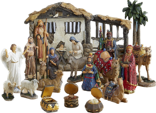 Three Kings Gifts Nativity Set for Christmas Indoor 23 Piece 5 Inch Figures with Lighted Stable, Palm Tree and Chests of Gold, Frankincense and Myrrh - Medaid International