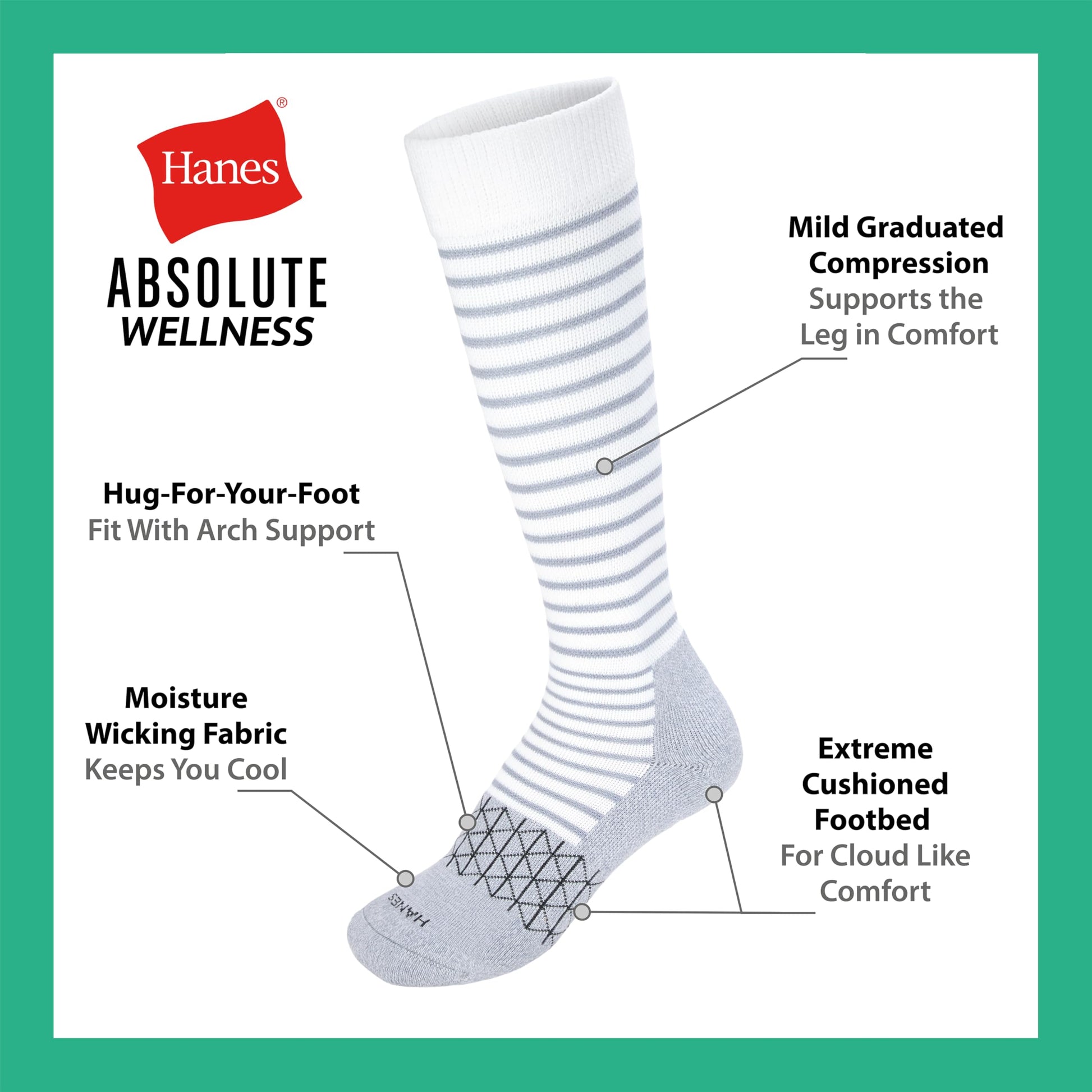 Hanes Women's Over-the-Calf Socks w/Mild Graduated Compression, Absolute Wellness Non-Binding Cushioned Socks, 3-Pack - Medaid International