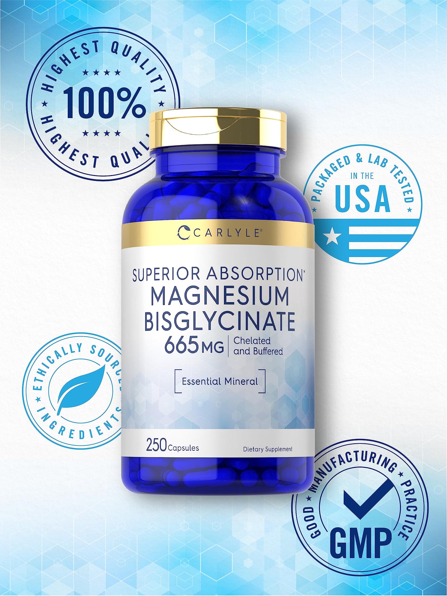 Carlyle Buffered Magnesium Bisglycinate 665 mg | 250 Capsules | Chelated Essential Mineral | Non-GMO and Gluten Free Supplement - Medaid International