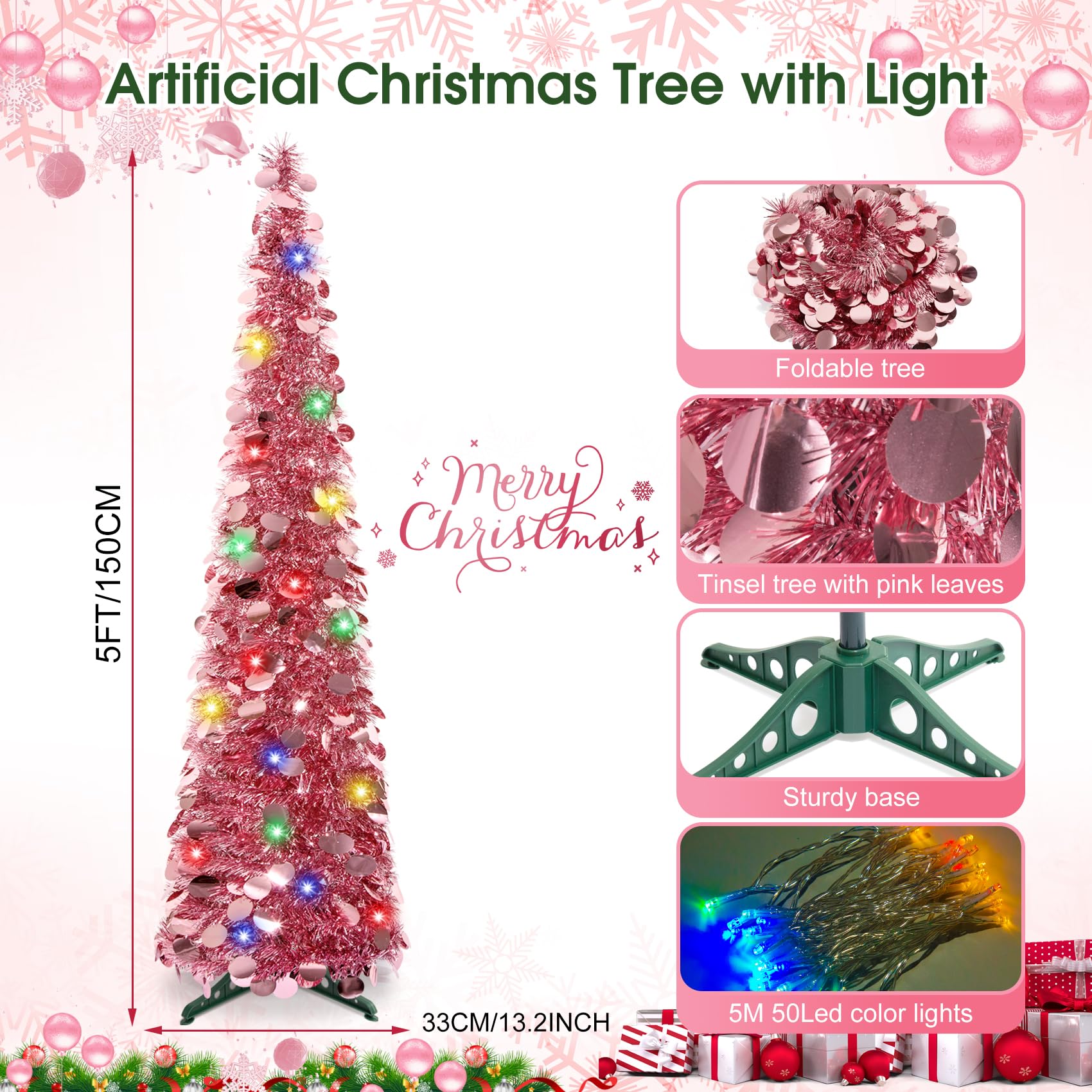 5Ft Pop Up Christmas Tree with Lights, Collapsible Pencil Tree Pink, Skinny Christmas Tree Slim Xmas Tree, Artificial Tinsel Tree Foldable for Home Apartment Holiday Party Winter Decor - Medaid International