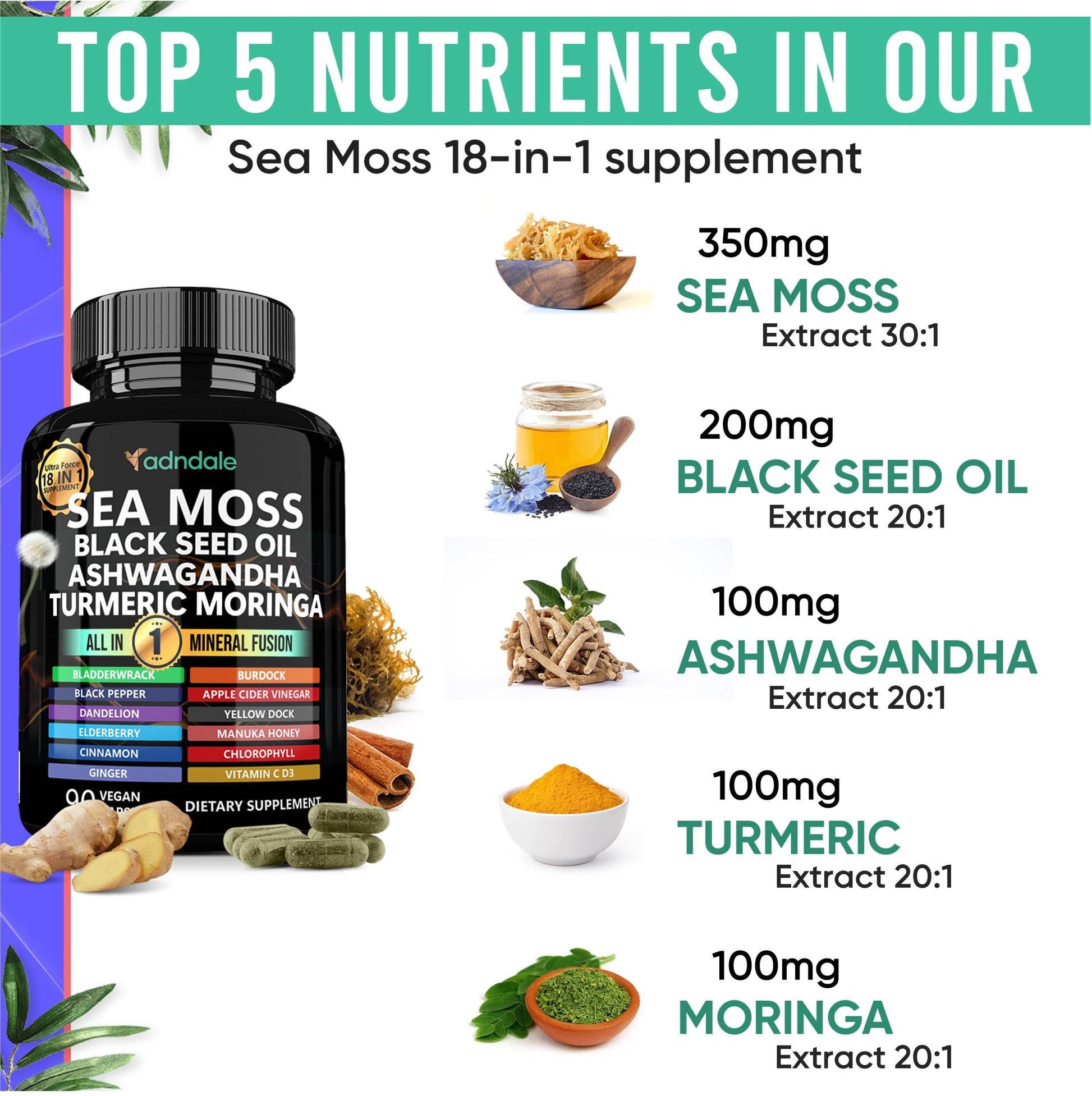 Adndale Sea Moss Black Seed Oil Ashwagandha Ginger Capsules. SeaMoss Capsules with Black Seed Oil, Ashwagandha, Turmeric, Moringa, Bladderwrack, Burdock Root, Manuka Honey, Cinnamon - Medaid International